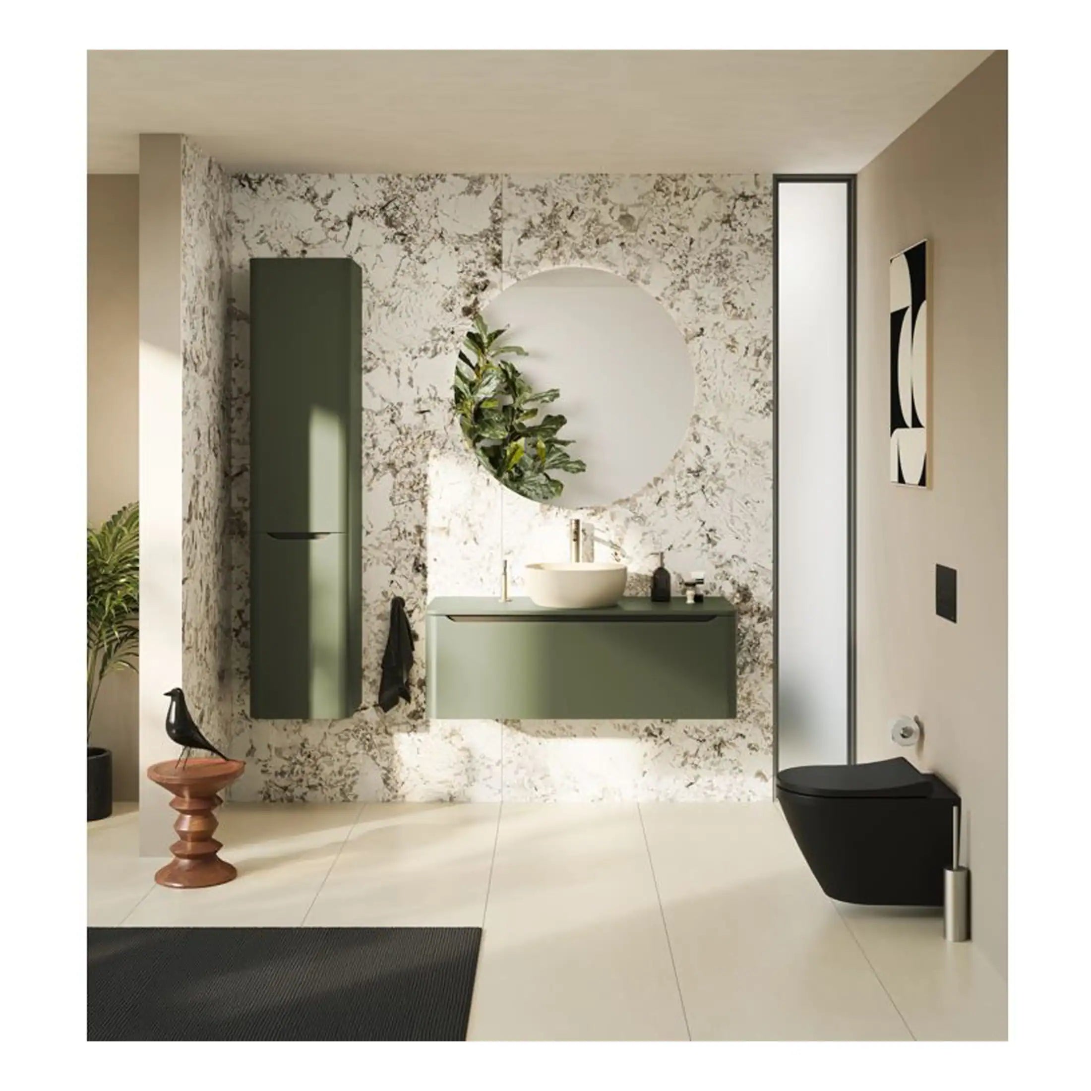 Modern designer bathroom with green floating vanity, round mirror, black toilet, natural decor, and marble accent wall, offering a sleek, stylish, and functional space for contemporary bathroom interiors.