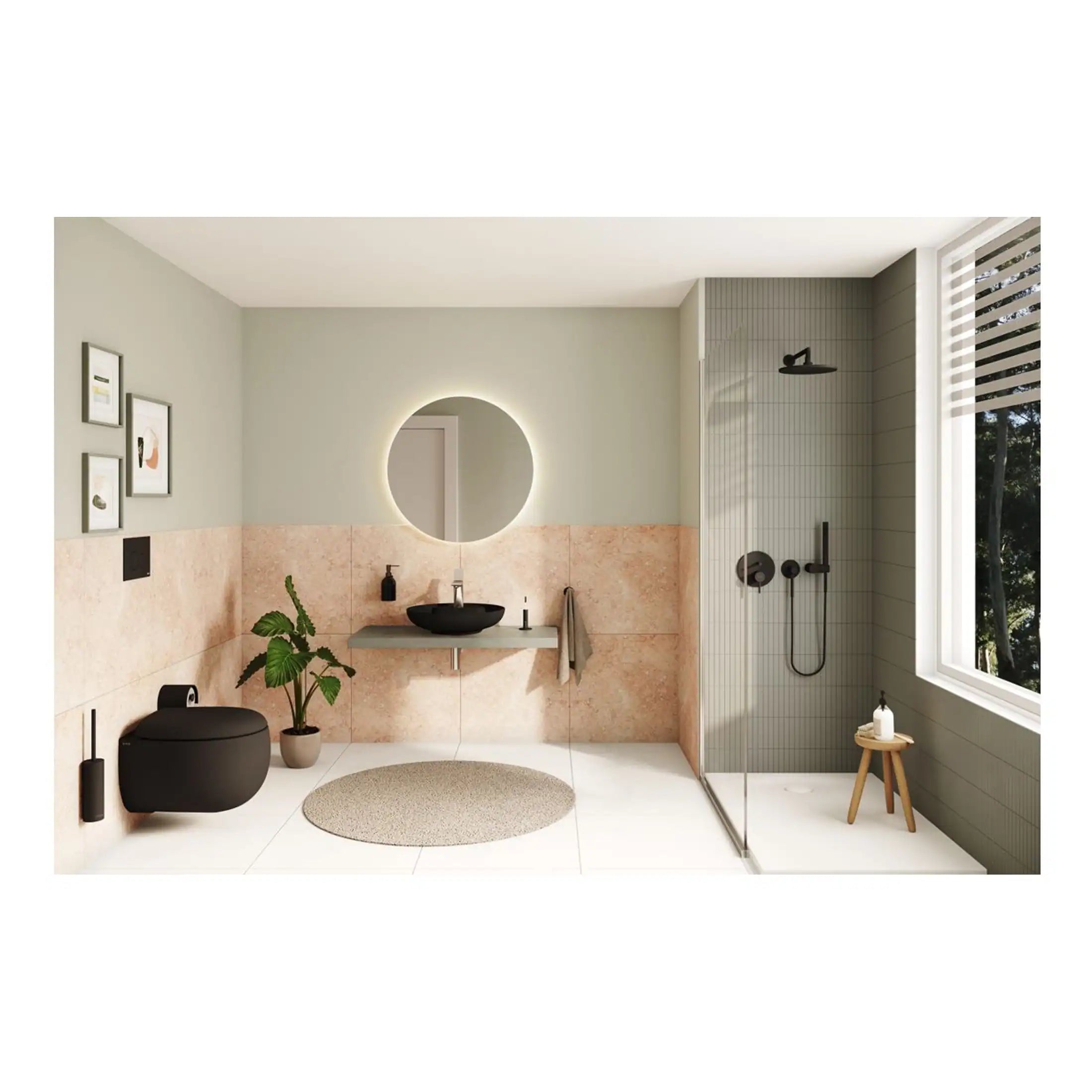 Sleek modern bathroom with black fixtures, a round illuminated mirror, and a walk-in shower with black matte fittings, featuring minimalist decor and natural light for a stylish, functional space.