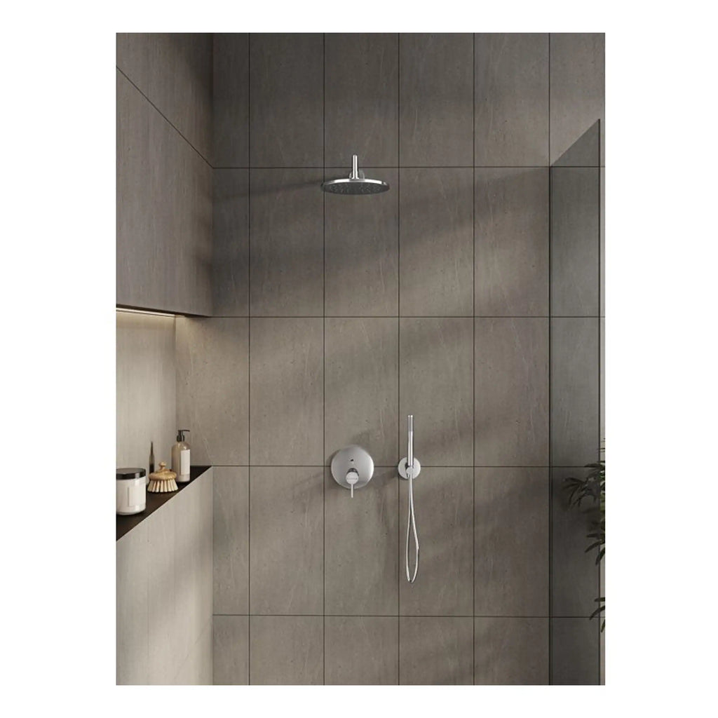Sleek modern shower area with a rainfall showerhead, wall-mounted controls, and minimalist tiles, perfect for contemporary bathroom designs by Bubly Bathrooms.