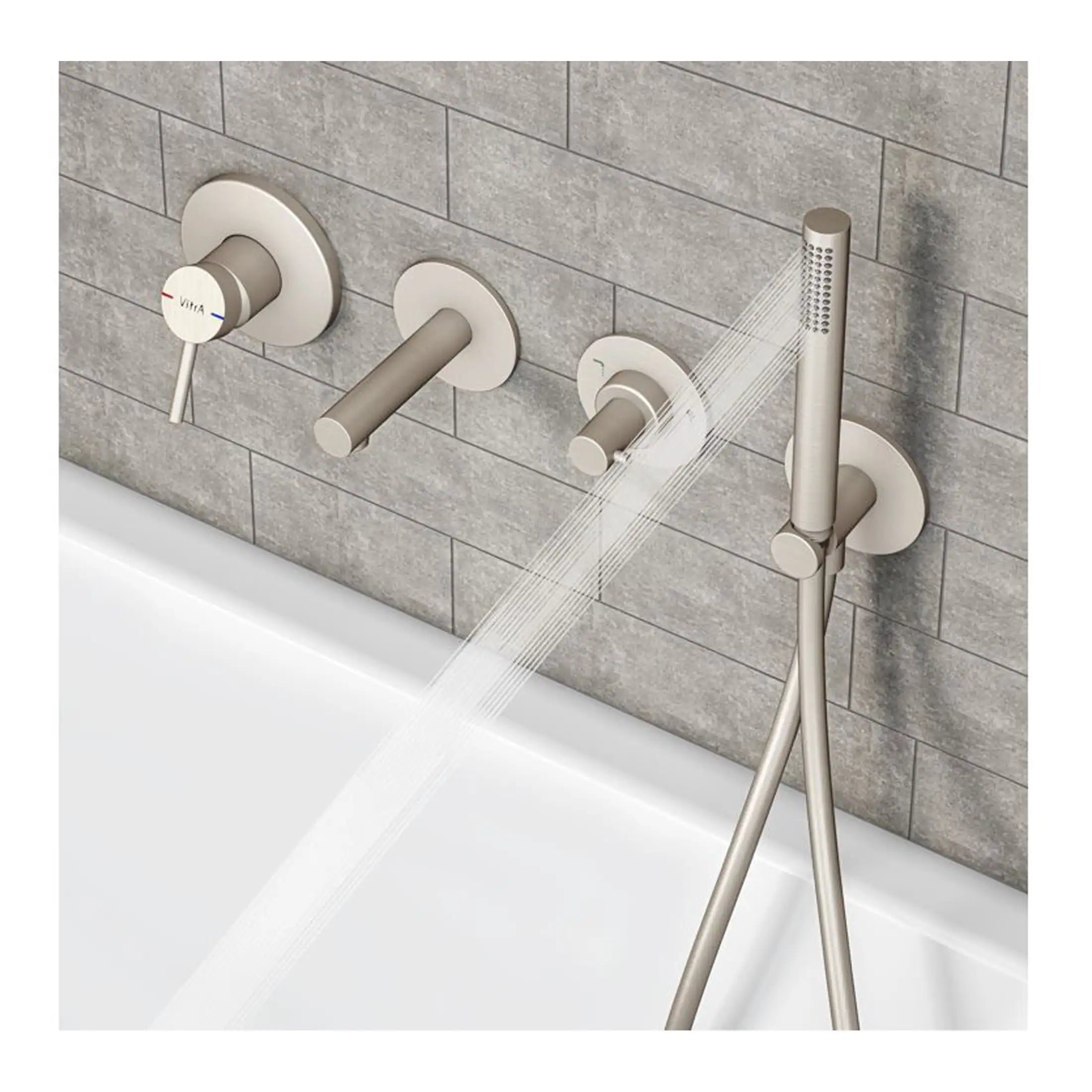 Elegant brushed nickel bathroom shower faucet set with handheld shower head and wall-mounted controls, ideal for modern and functional bathroom renovations.