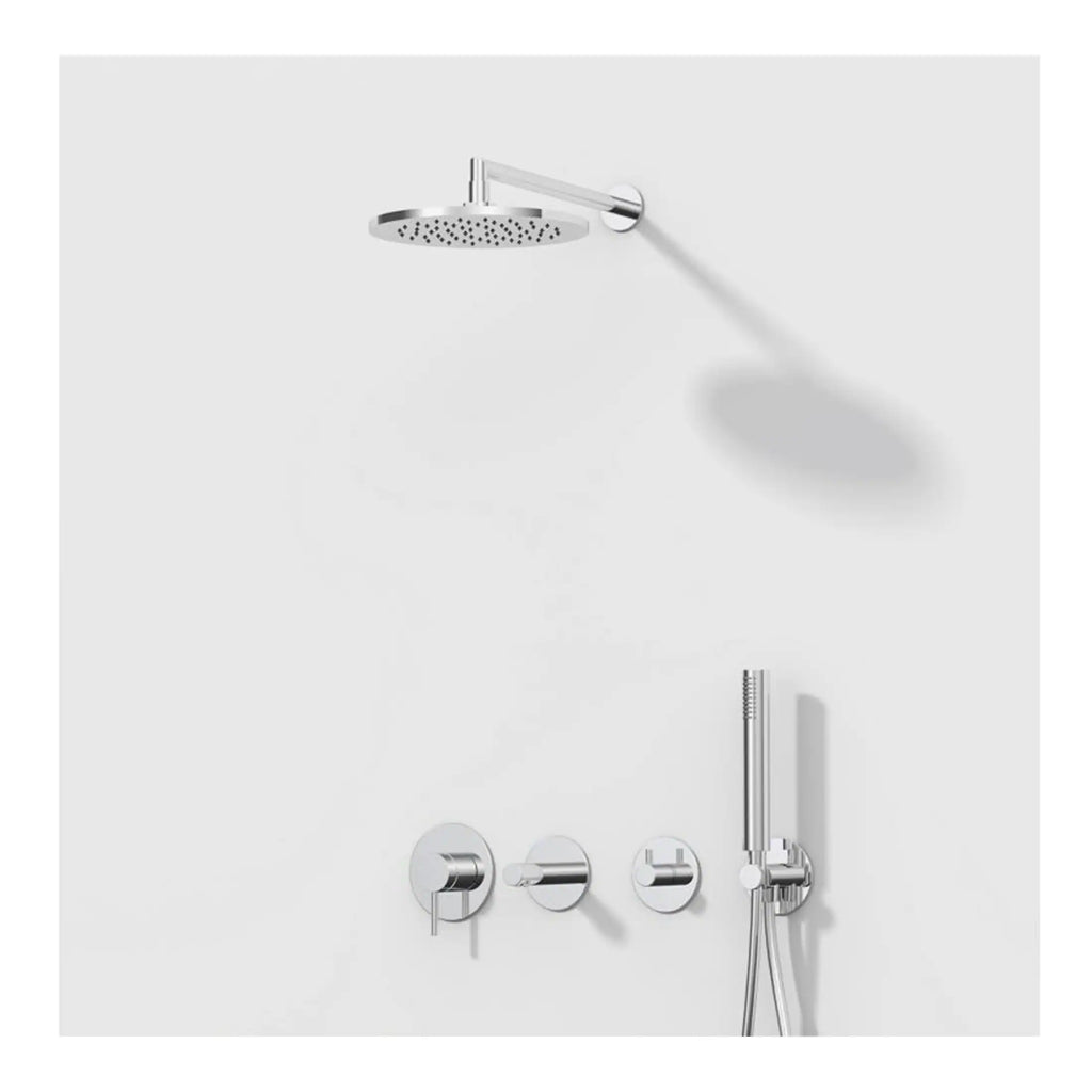 Sleek modern shower system with rainfall shower head, handheld shower, and minimalist controls in a contemporary bathroom setting. Perfect for luxury bathroom remodels.