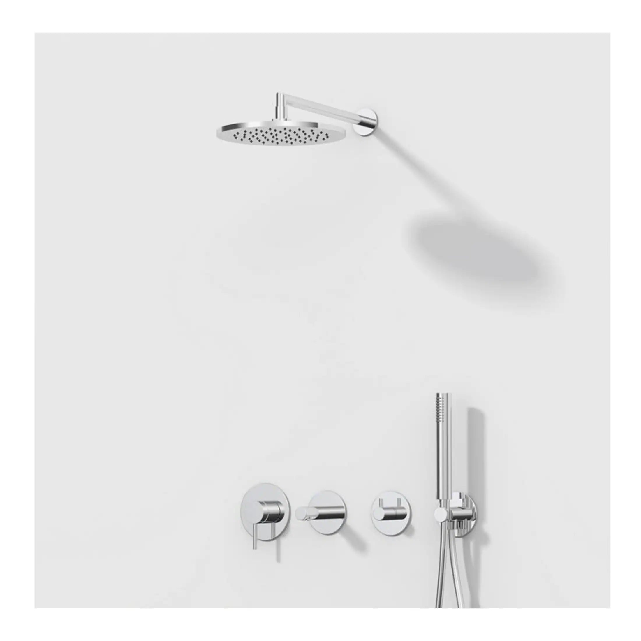 Sleek modern shower system with rainfall shower head, handheld shower, and minimalist controls in a contemporary bathroom setting. Perfect for luxury bathroom remodels.