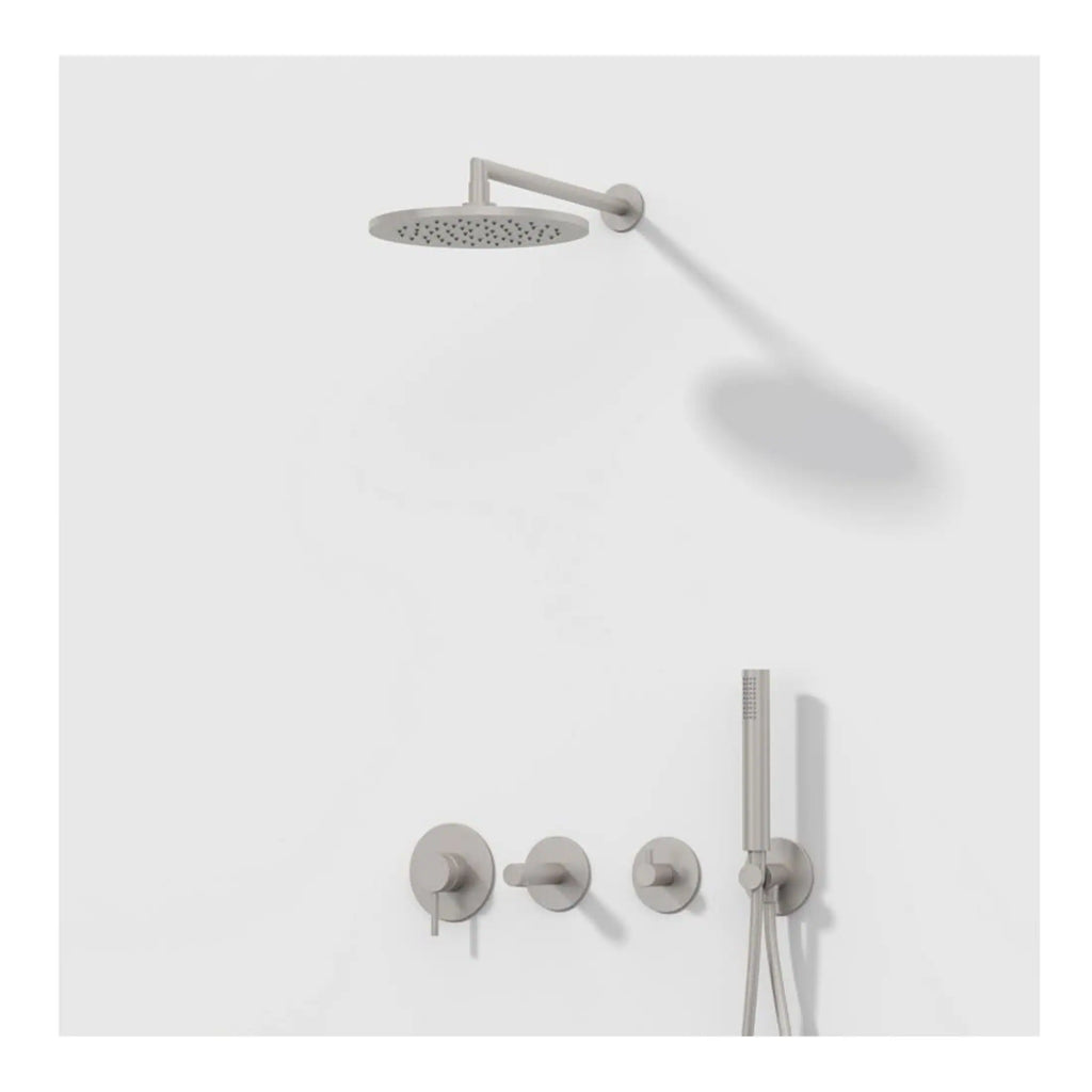 Sleek modern bathroom shower system with rainfall showerhead, handheld shower, and wall-mounted controls in brushed nickel finish. Perfect for luxury, contemporary bathroom renovations.