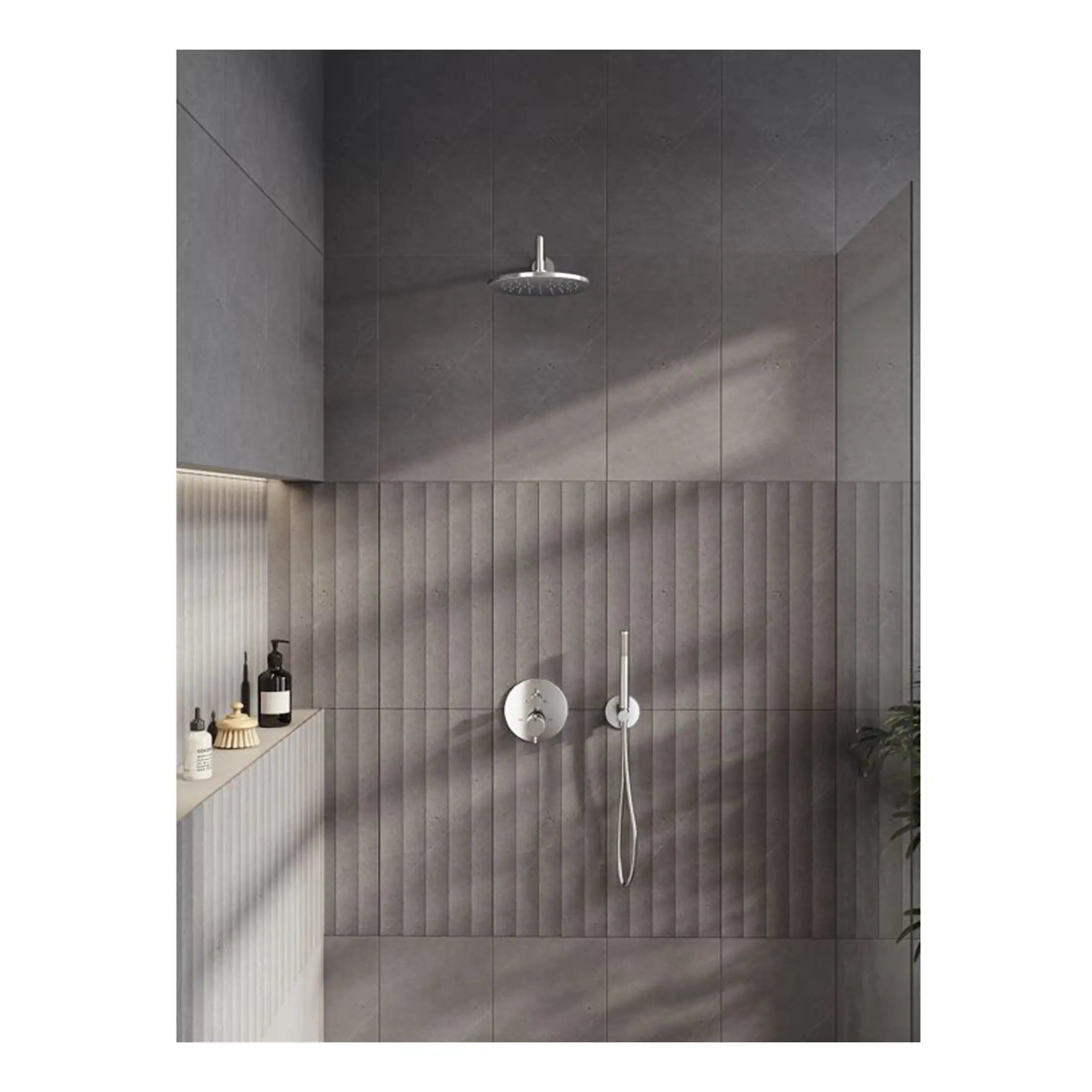 Sleek modern walk-in shower with grey tile walls, rainfall showerhead, and minimalist fixtures in a contemporary bathroom. Perfect for a stylish and functional bathroom renovation.