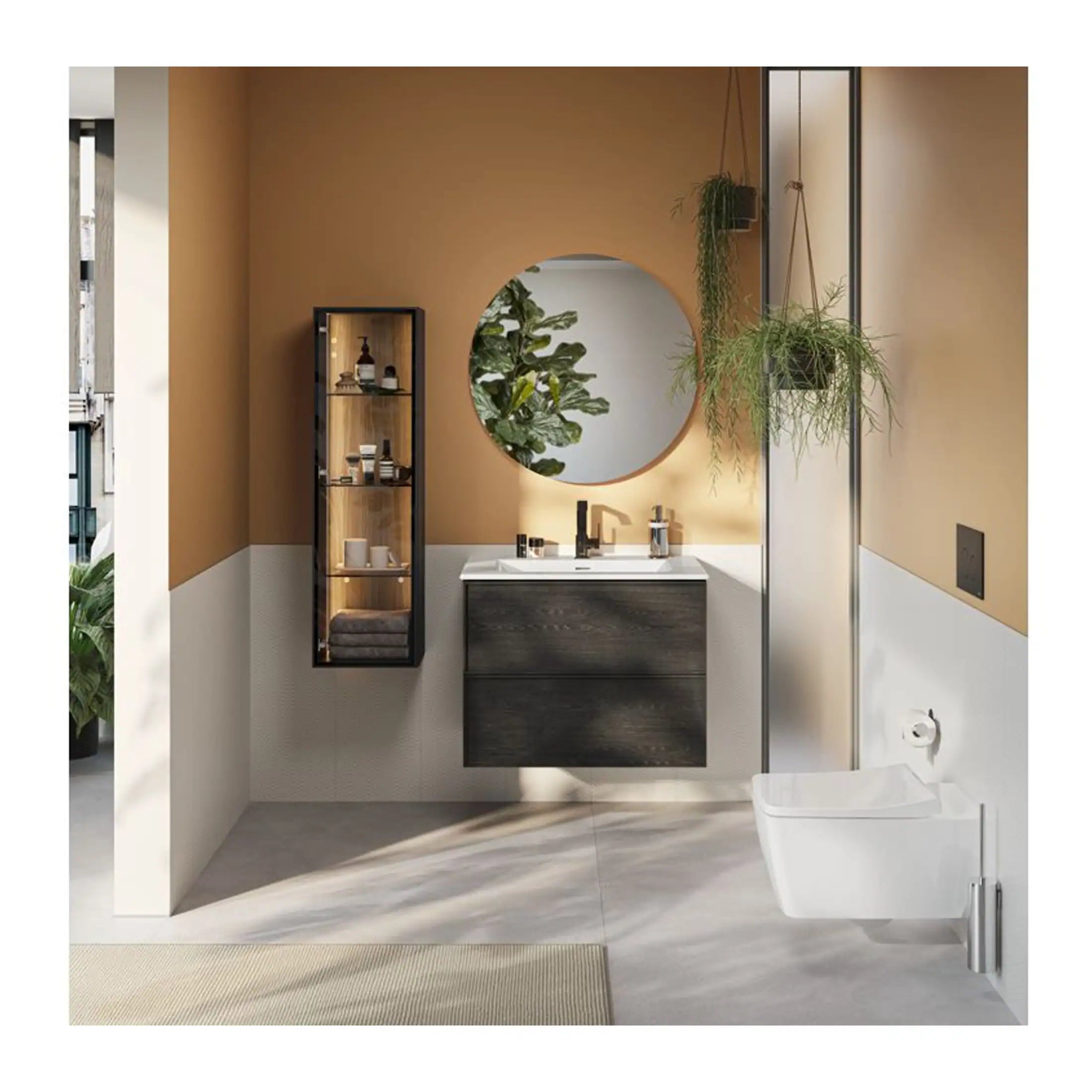 Modern bathroom with sleek vanity unit, round mirror, wall-mounted toilet, hanging plants, and contemporary storage cabinet featuring greenery and minimalist design elements, perfect for stylish bathrooms.