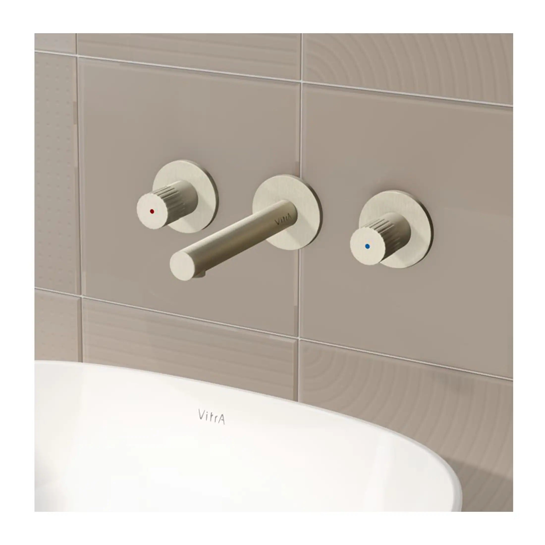 Sleek Vitra bathroom tap and control knobs with modern minimalist design, installed on beige tiled wall, combining functionality and contemporary style for elegant bathroom decor.