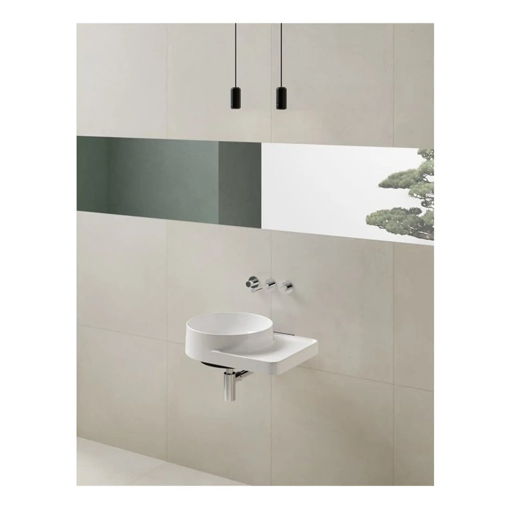 Elegant modern bathroom with minimalist design, featuring a unique wall-mounted sink, custom wall tiles, and contemporary pendant lighting, perfect for stylish bathroom renovations.