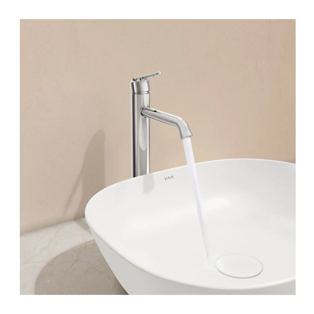Sleek modern bathroom tap with water flowing into a stylish white basin, ideal for contemporary bathroom sink designs. Perfect for enhancing bathroom aesthetics and functionality.