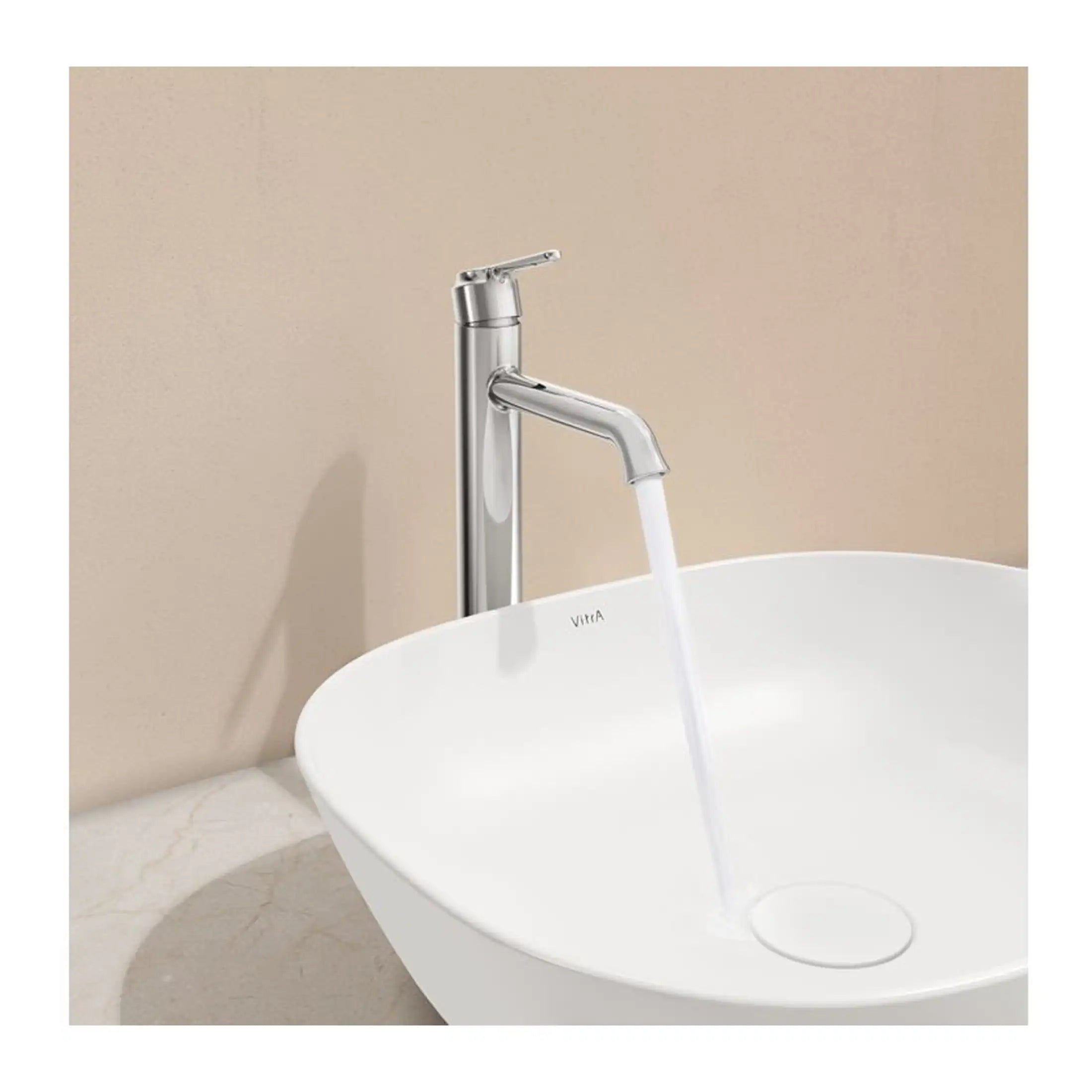Sleek modern bathroom tap with water flowing into a stylish white basin, ideal for contemporary bathroom sink designs. Perfect for enhancing bathroom aesthetics and functionality.