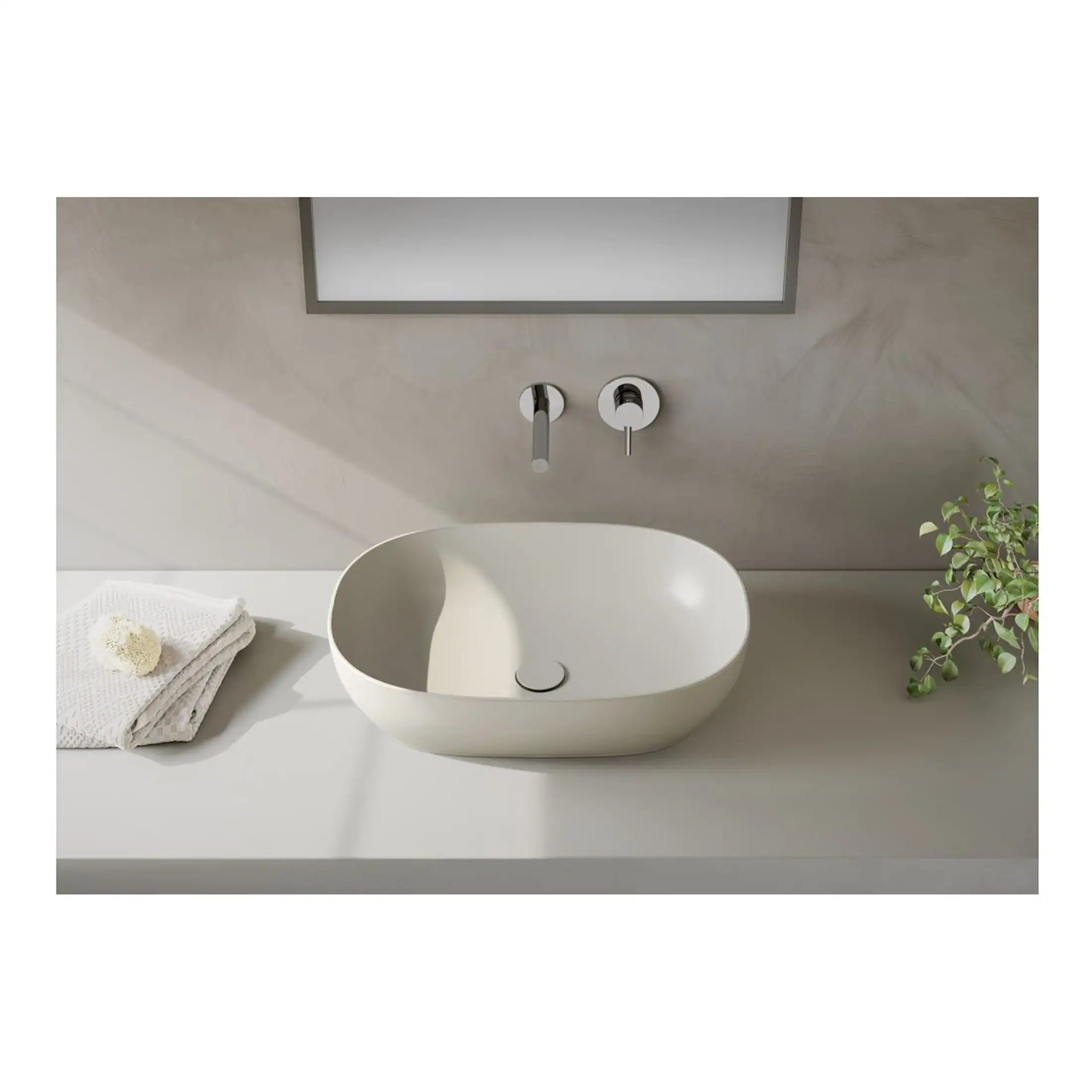 Sleek modern white bathroom vessel sink with wall-mounted chrome faucet and minimalist design, ideal for contemporary bathroom decor with natural light and greenery.