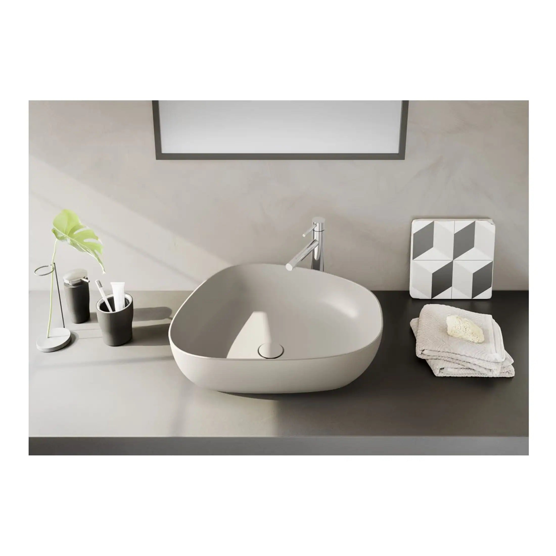 Sleek modern bathroom sink in a minimalist design with bathroom accessories and neutral tones, creating an elegant and functional space.