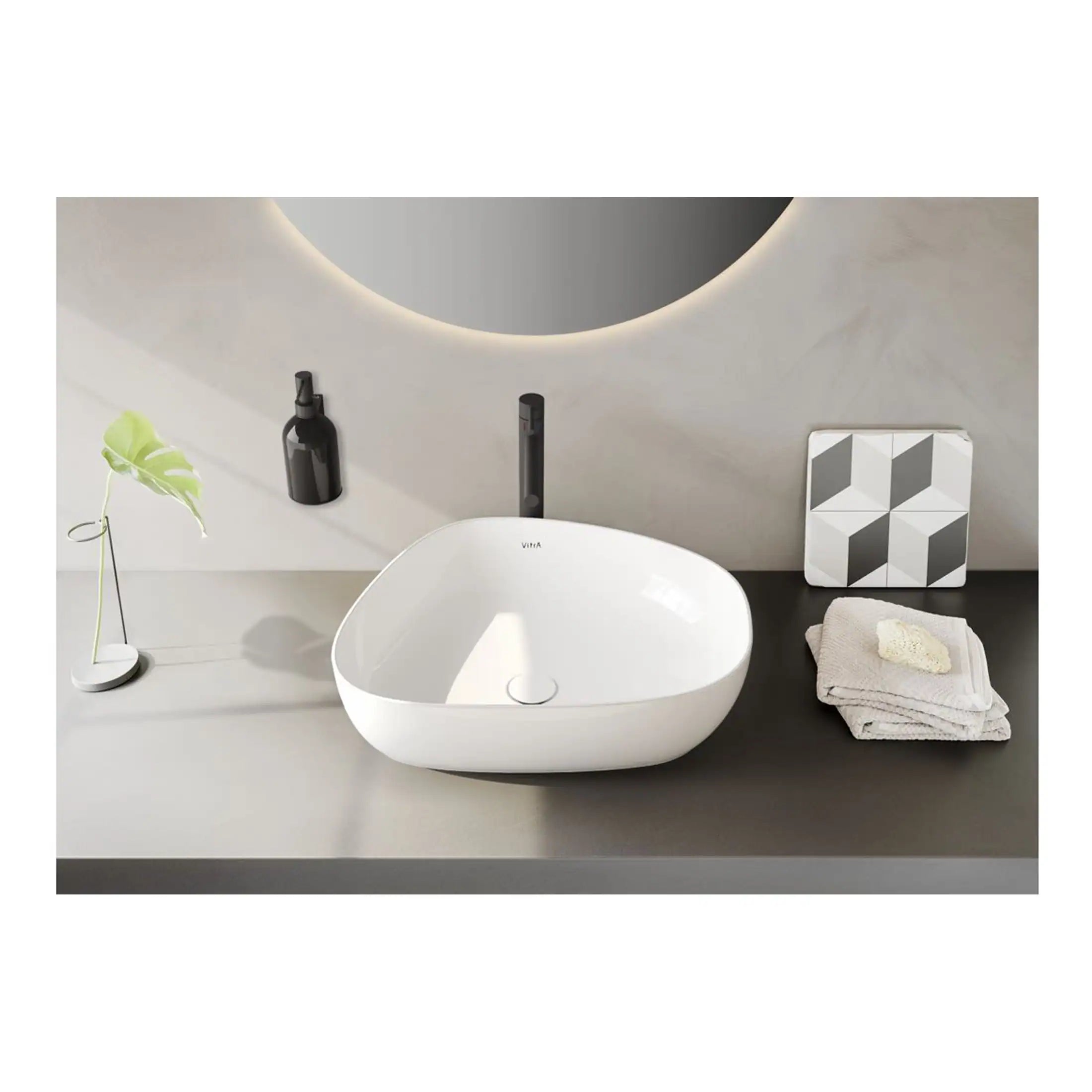 Minimalist modern bathroom sink with sleek black faucet, contemporary decor, and neutral tones, perfect for stylish bathroom designs. Elegant and functional for sophisticated bathroom spaces.