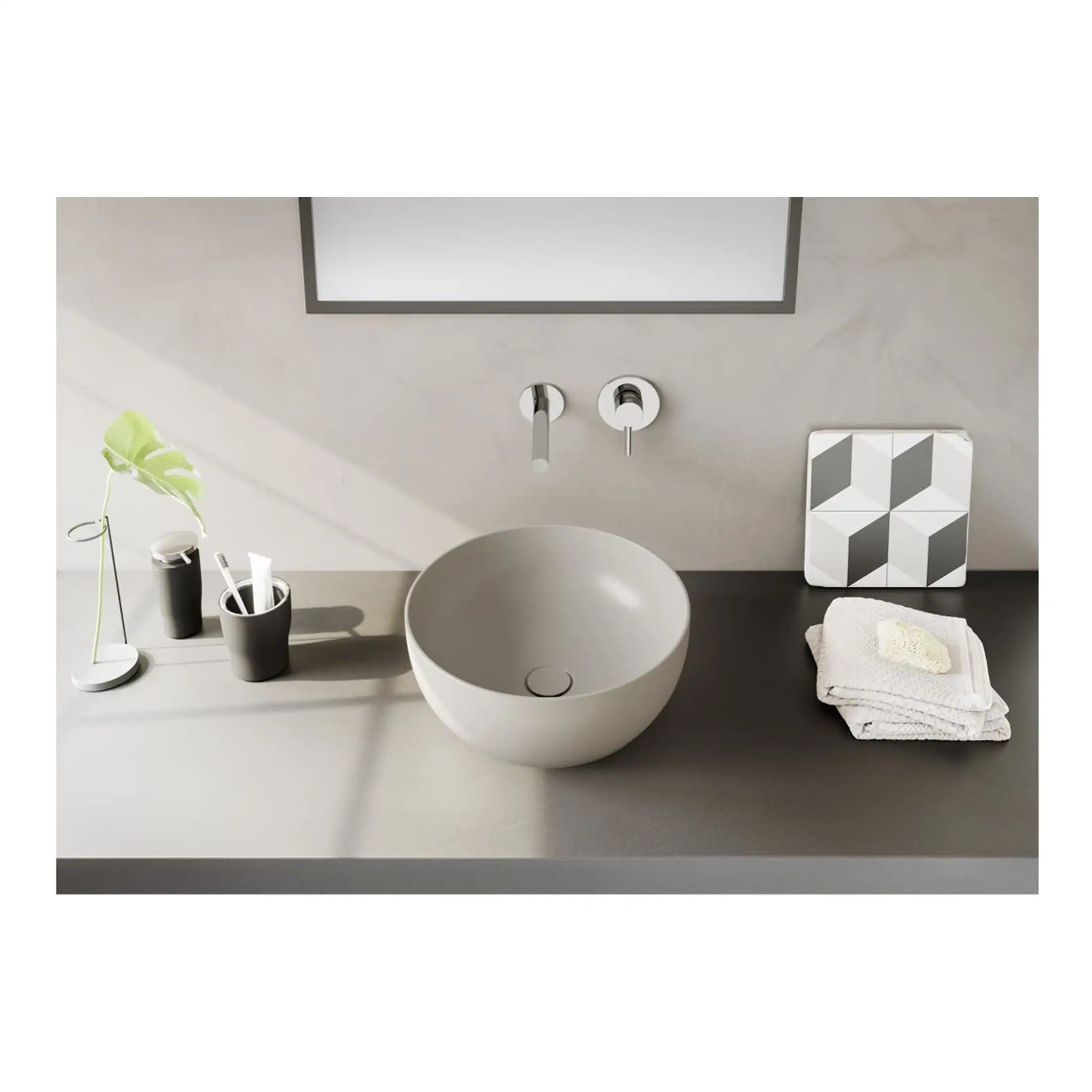 Sleek modern bathroom concrete vanity with round basin and minimalist fixtures, featuring monochrome decor, soft lighting, and neatly arranged essentials for stylish bathroom design.