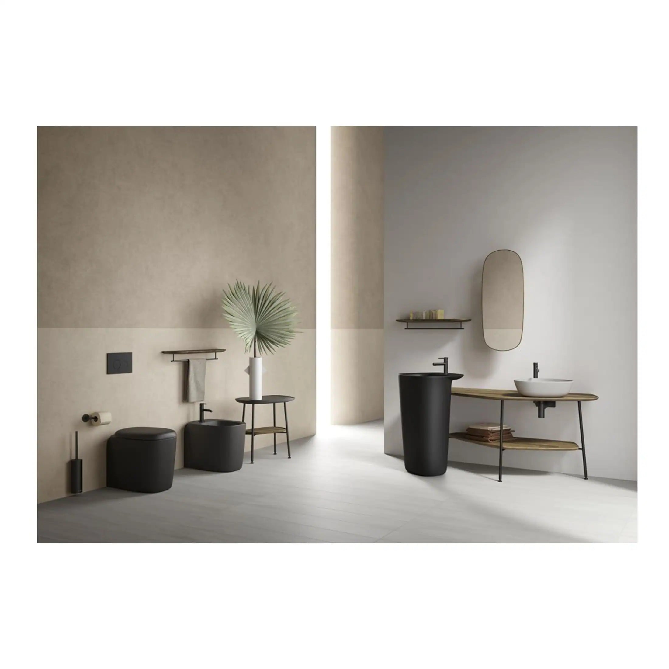 Modern minimalist bathroom with black fixtures, wooden accents, and neutral tones, showcasing stylish bathroom furniture and decor by Bubly Bathrooms.