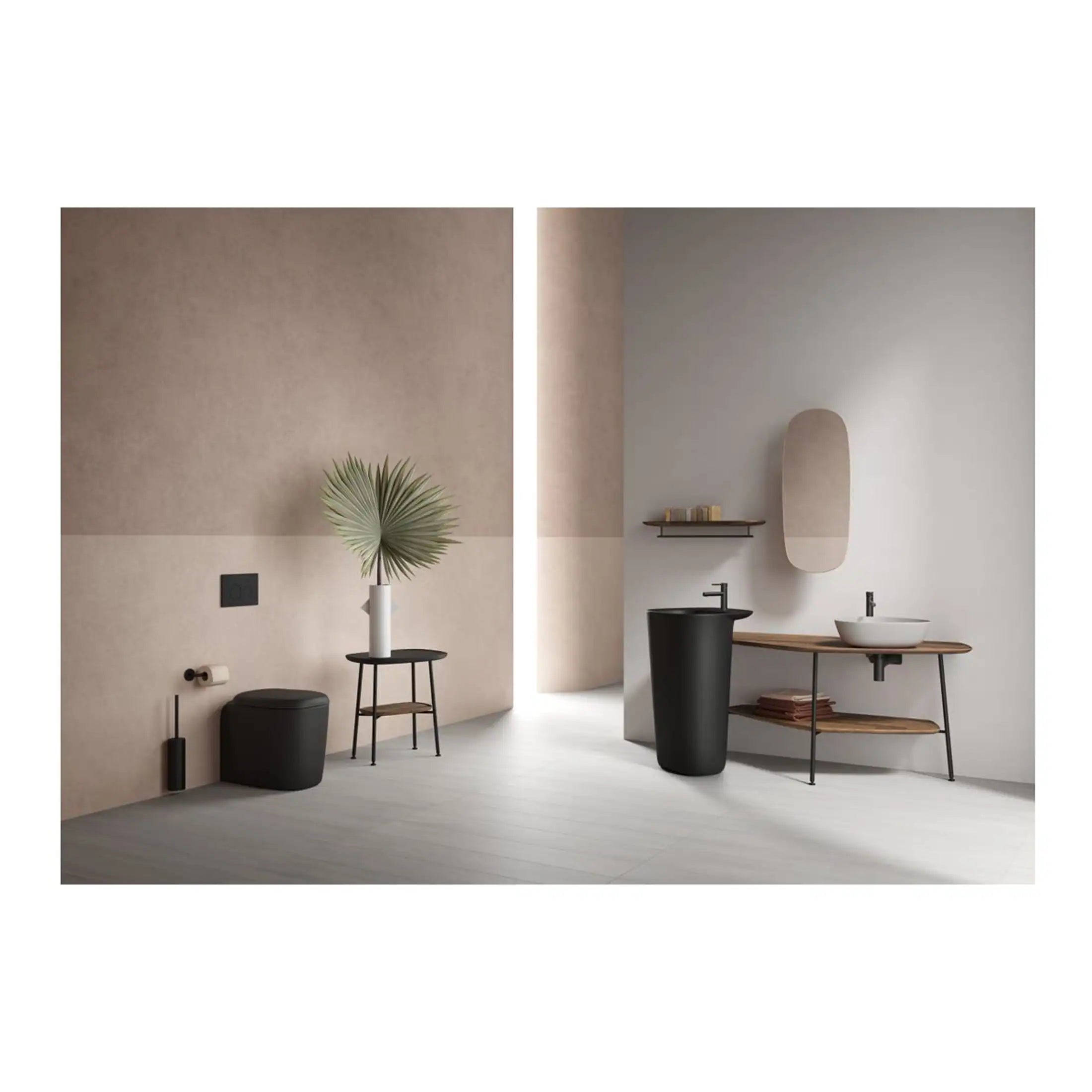 Black bathroom fixtures with modern sink and toilet, minimalist decor, neutral tones, wooden accents, contemporary bathroom design, Bubly Bathrooms UK.