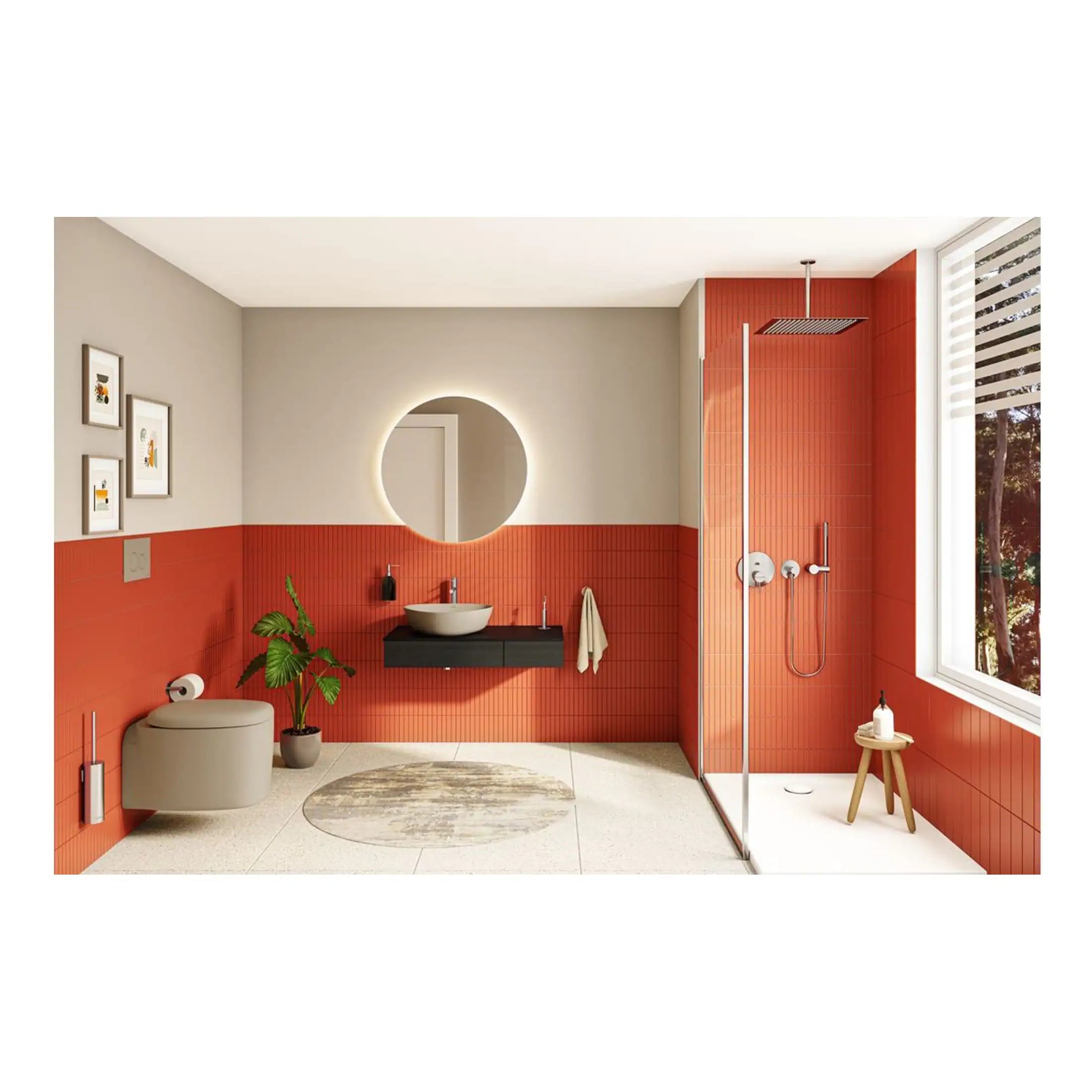 Modern red and neutral bath design with walk-in shower, circular mirror with LED lighting, black floating vanity with vessel sink, and stylish accessories, creating a sleek contemporary bathroom space.