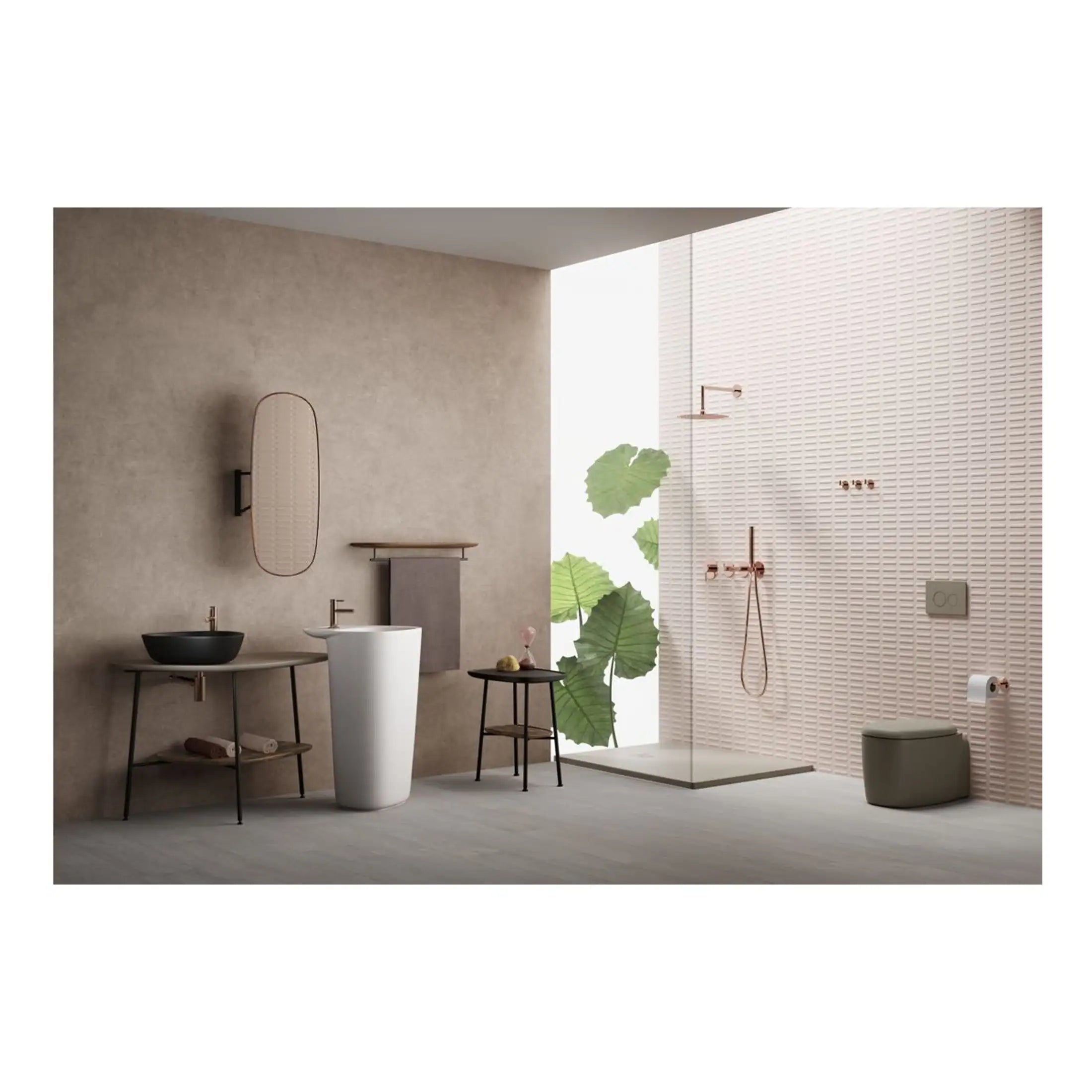 Elegant modern bathroom with minimalist fixtures, neutral tones, and stylish accents including a black basin, white pedestal sink, and a walk-in shower with rose gold fixtures.