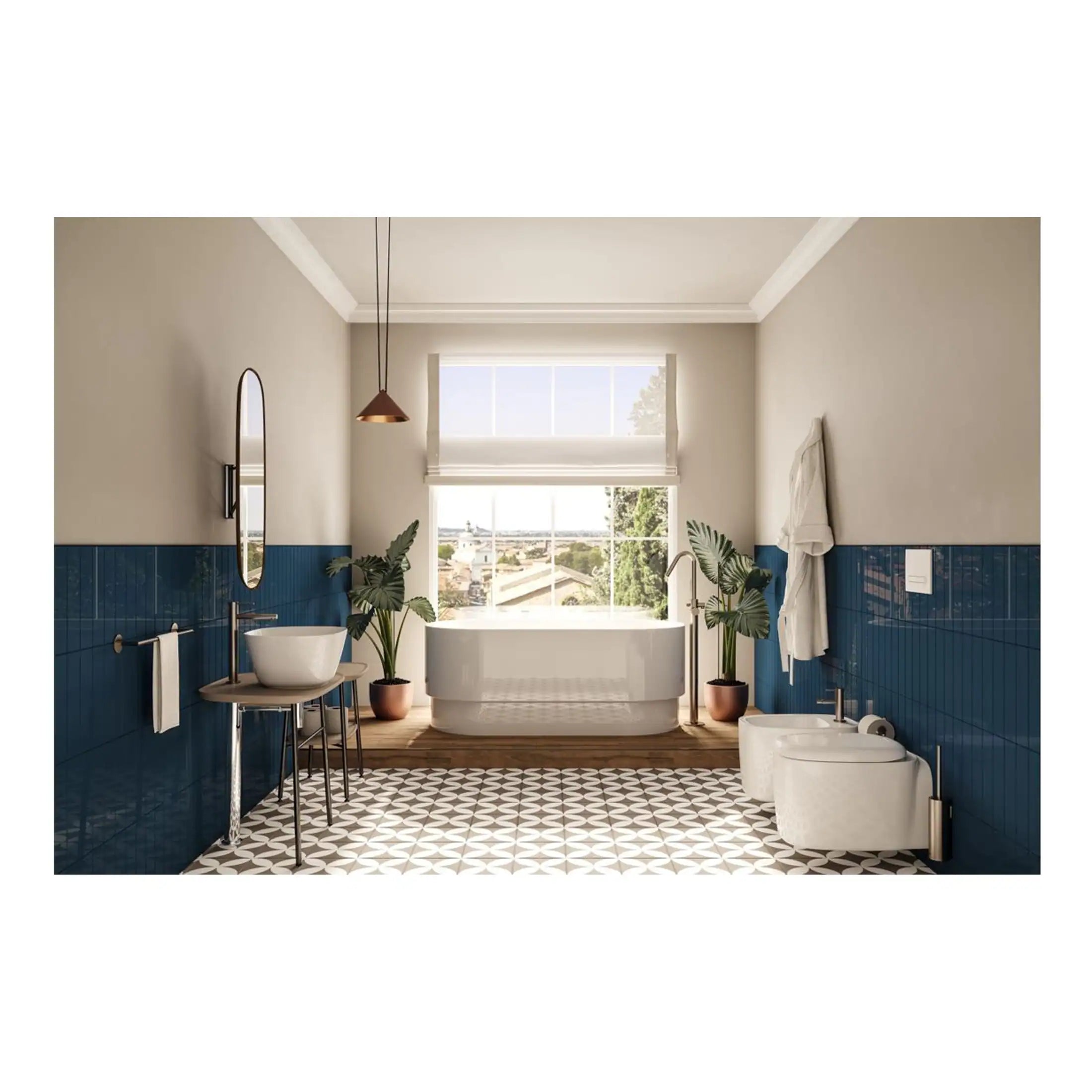 Modern blue and white bathroom featuring a freestanding bathtub, bidet, wash basin, wall mirror, and stylish decor with lush green plants and natural light.