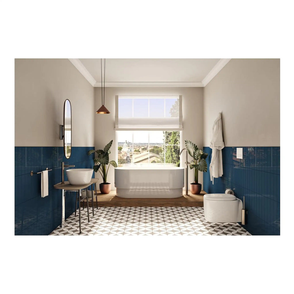 Stylish modern bathroom with bathtub, sleek sink and toilet, blue tiled walls, large window with city views, indoor plants, and contemporary decor for a relaxing bathroom design.