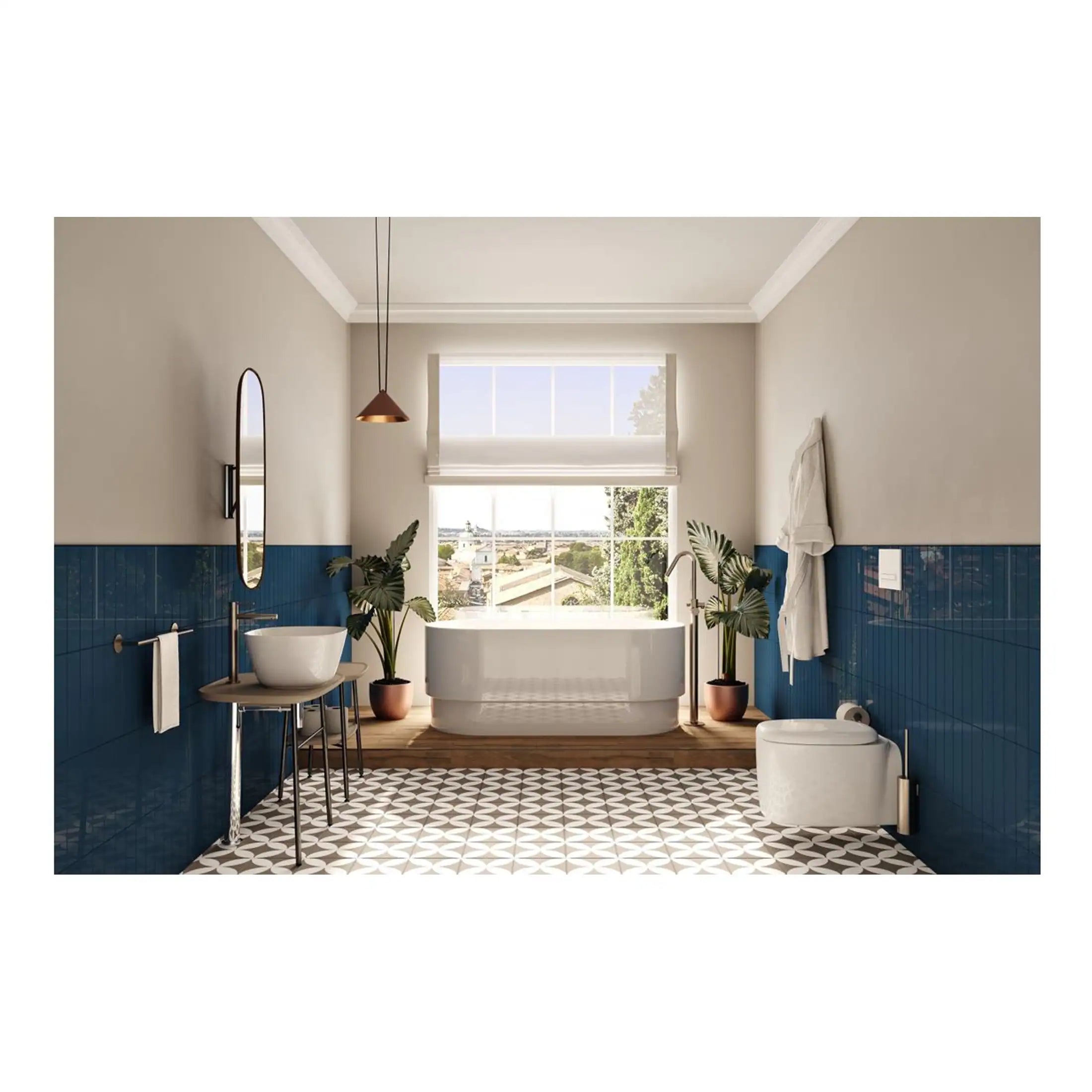 Stylish modern bathroom with bathtub, sleek sink and toilet, blue tiled walls, large window with city views, indoor plants, and contemporary decor for a relaxing bathroom design.