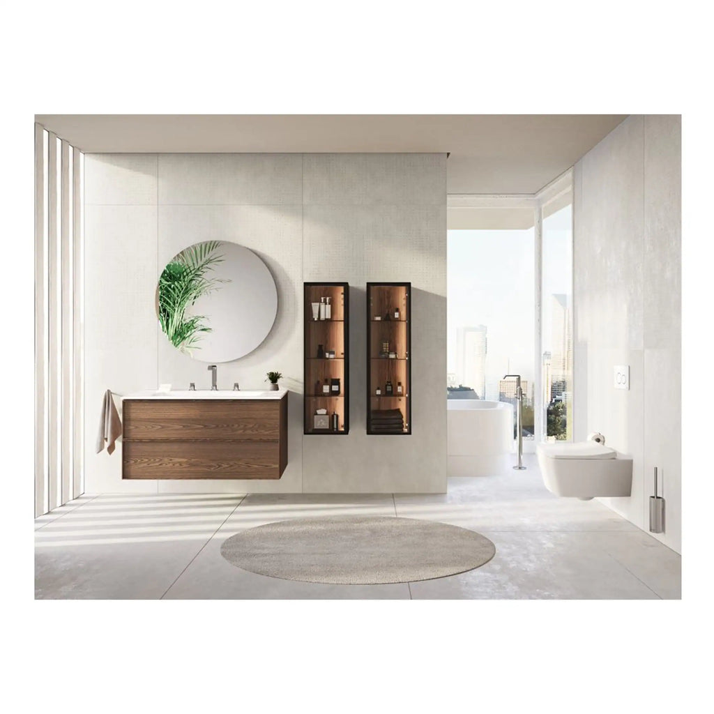 Modern minimalist bathroom interior with wooden vanity, round mirror, built-in shelves with toiletries, wall-mounted toilet, freestanding bathtub, and large windows offering city views.