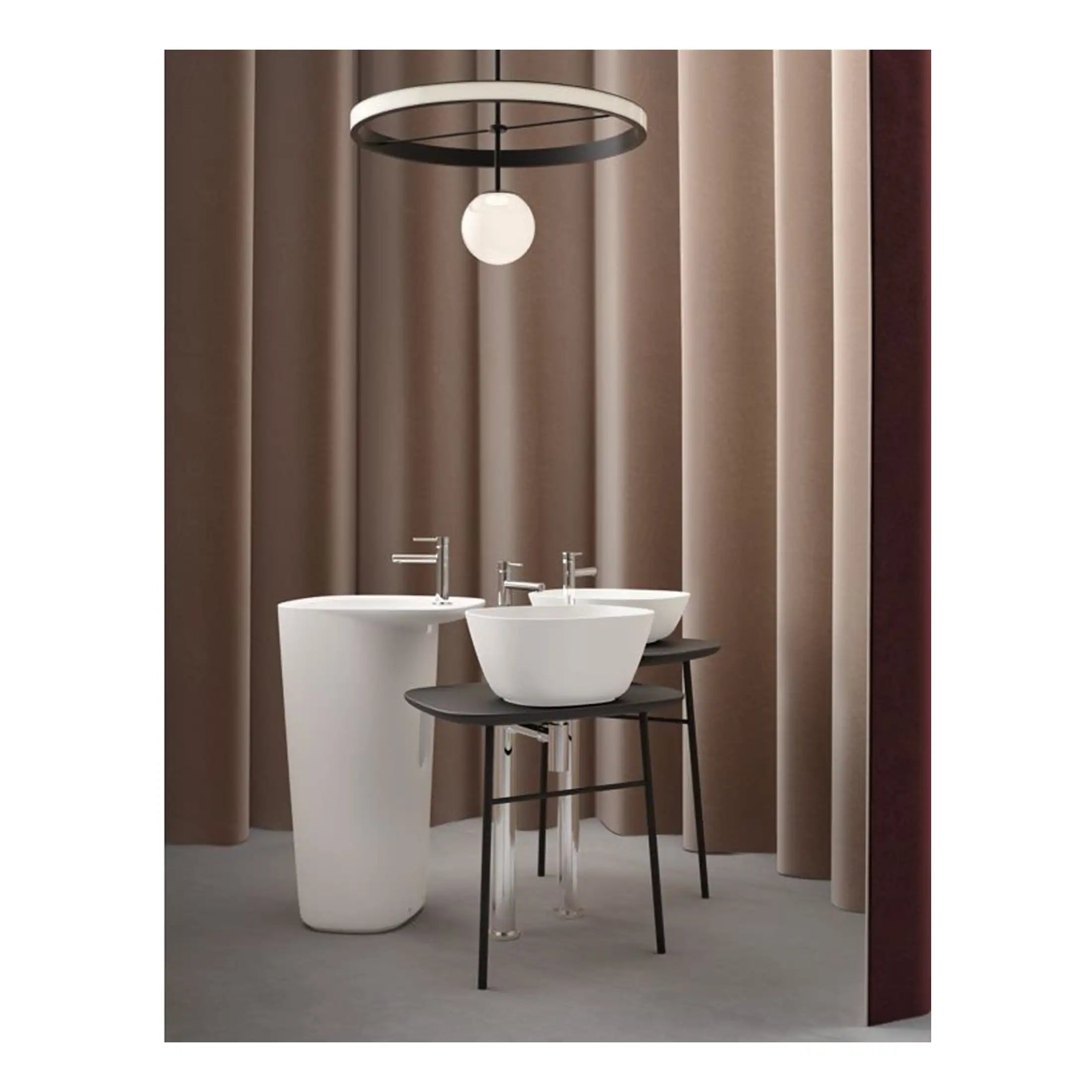 Elegant modern bathroom vanity with stylish sinks and contemporary lighting, showcasing luxury bathroom fixtures and minimalist design elements for a sophisticated bathroom makeover.