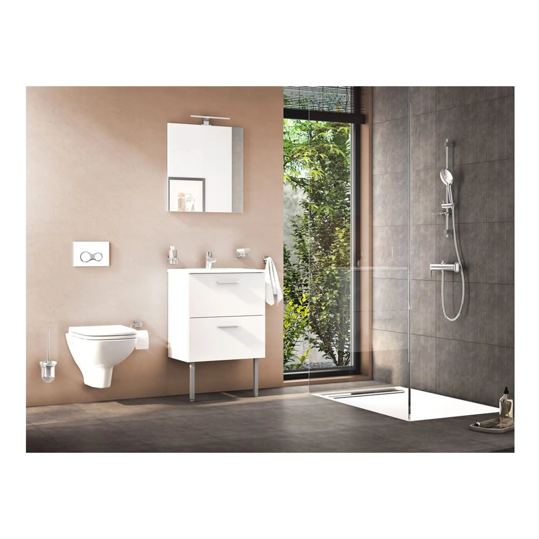 Modern minimalist bathroom with wall-mounted toilet, sleek vanity unit, and walk-in shower with glass partition, natural light, and contemporary fixtures, designed for stylish comfort.