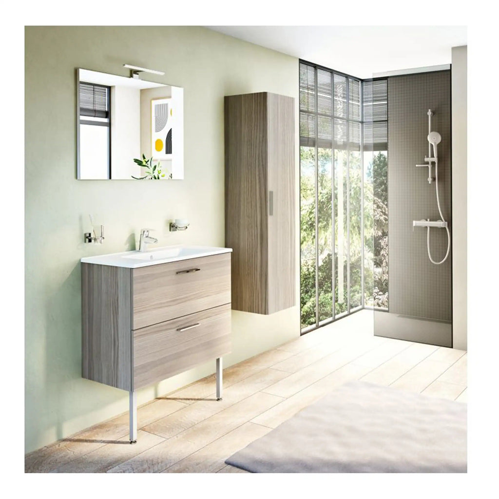 Minimalist bathroom with modern wooden vanity, wall-mounted mirror, and spacious walk-in shower with large glass panels, natural light, and green outdoor view.