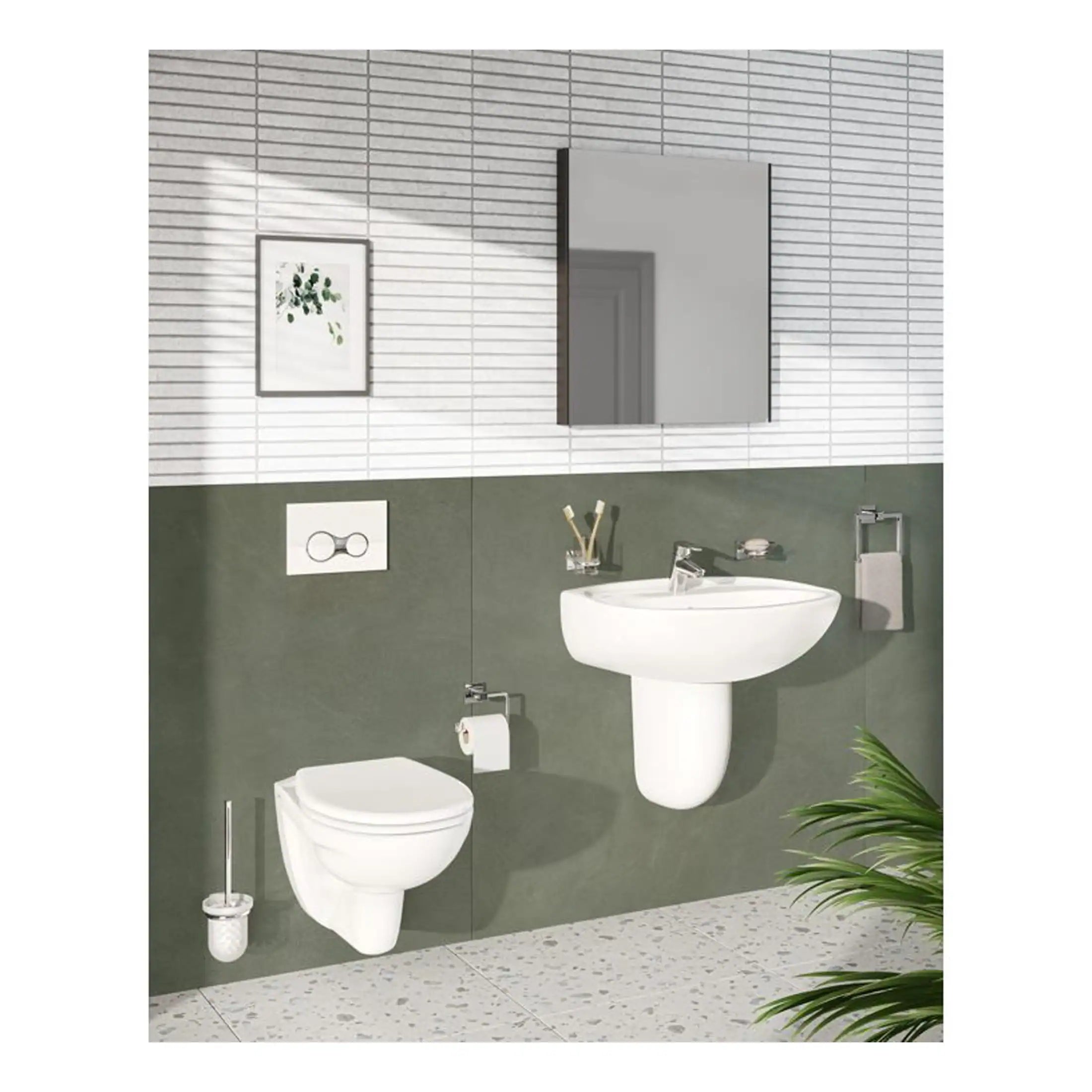 Contemporary bathroom with white wall-mounted toilet and sink, large mirror, and modern accessories, featuring a sleek, minimalist design perfect for stylish bathrooms.