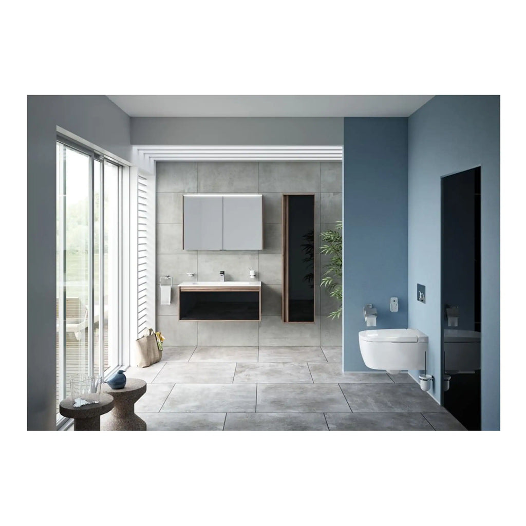 Contemporary modern bathroom with sleek wall-mounted vanity, grey tiles, and automatic toilet, featuring minimalist design, neutral colours, and natural light for a luxurious bubly bathrooms aesthetic.