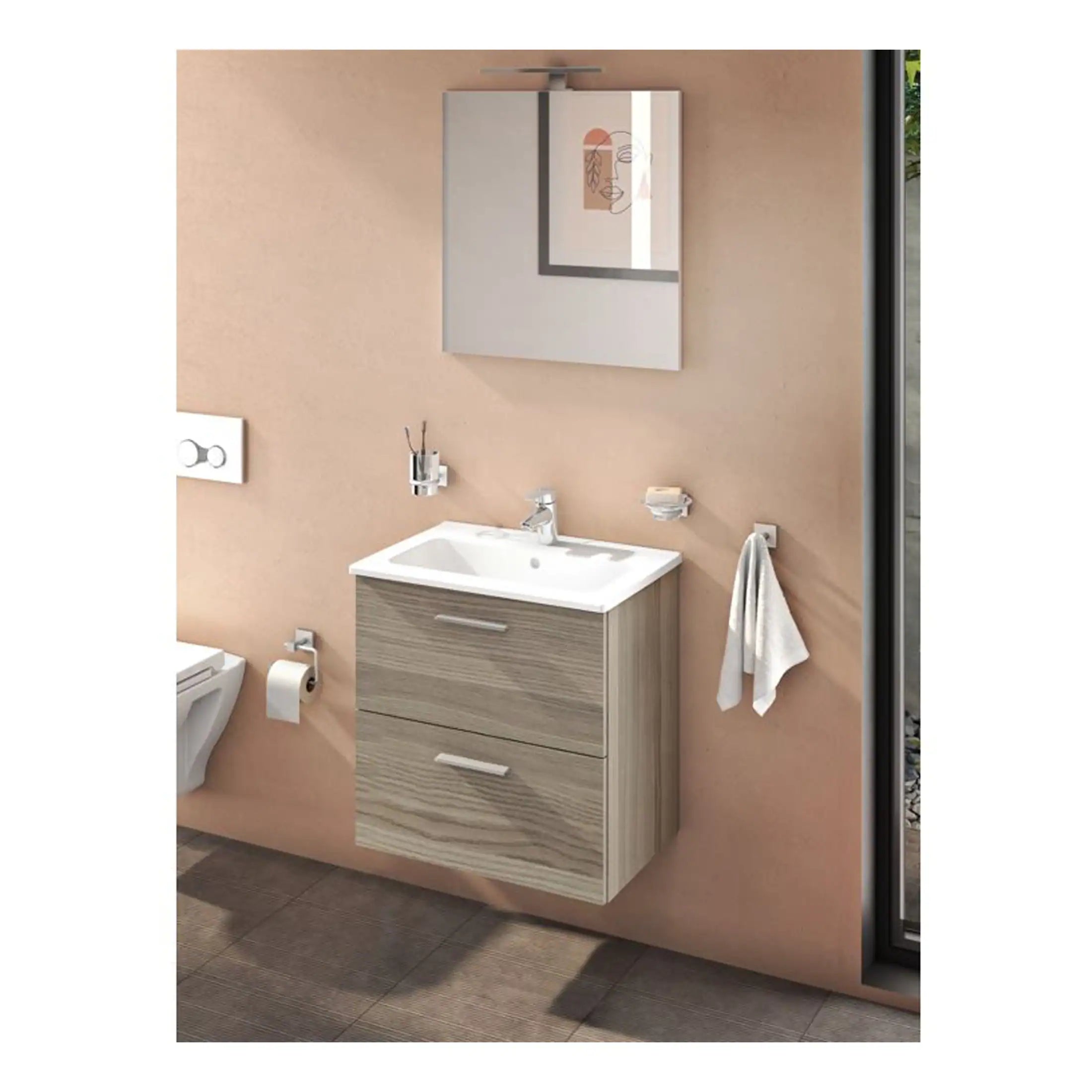 Sleek modern bathroom vanity with integrated sink, wall-mounted mirror, and accessories in a contemporary bathroom setting. Perfect for stylish and functional bathroom upgrades.