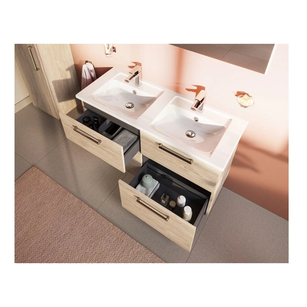 Sleek double vanity with modern white sinks, rose gold fixtures, and ample storage drawers, designed for contemporary bathrooms by Bubly Bathrooms.