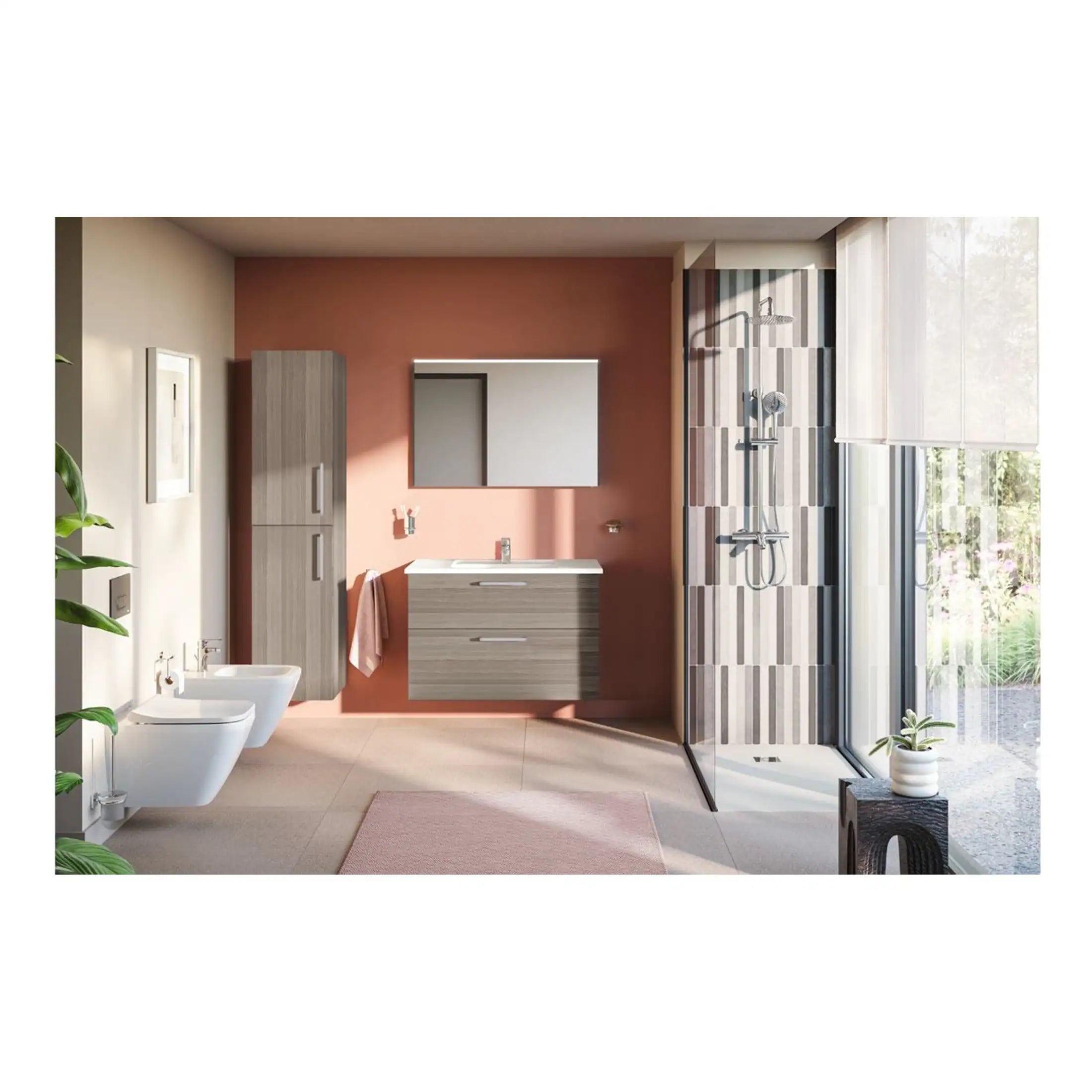 Modern bathroom interior with wall-mounted bidets, floating vanity unit, large mirror, walk-in shower with glass enclosure, and natural light from a glass door, featuring contemporary bathroom furniture and decor.