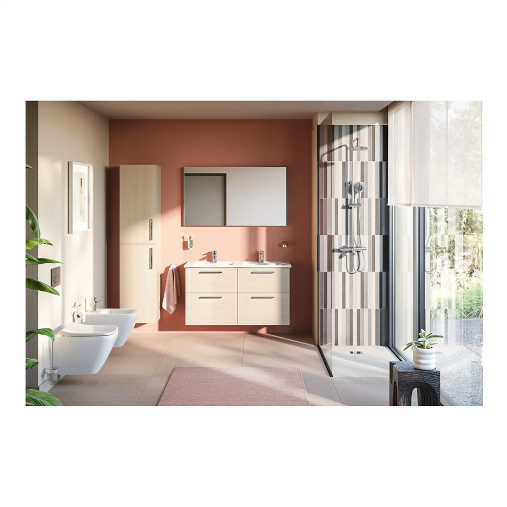 Modern bathroom featuring a twin vanity, wall-mounted bidets, a walk-in shower with striped tiles, and large windows for natural light. Stylish, functional bathroom design by Bubly Bathrooms.