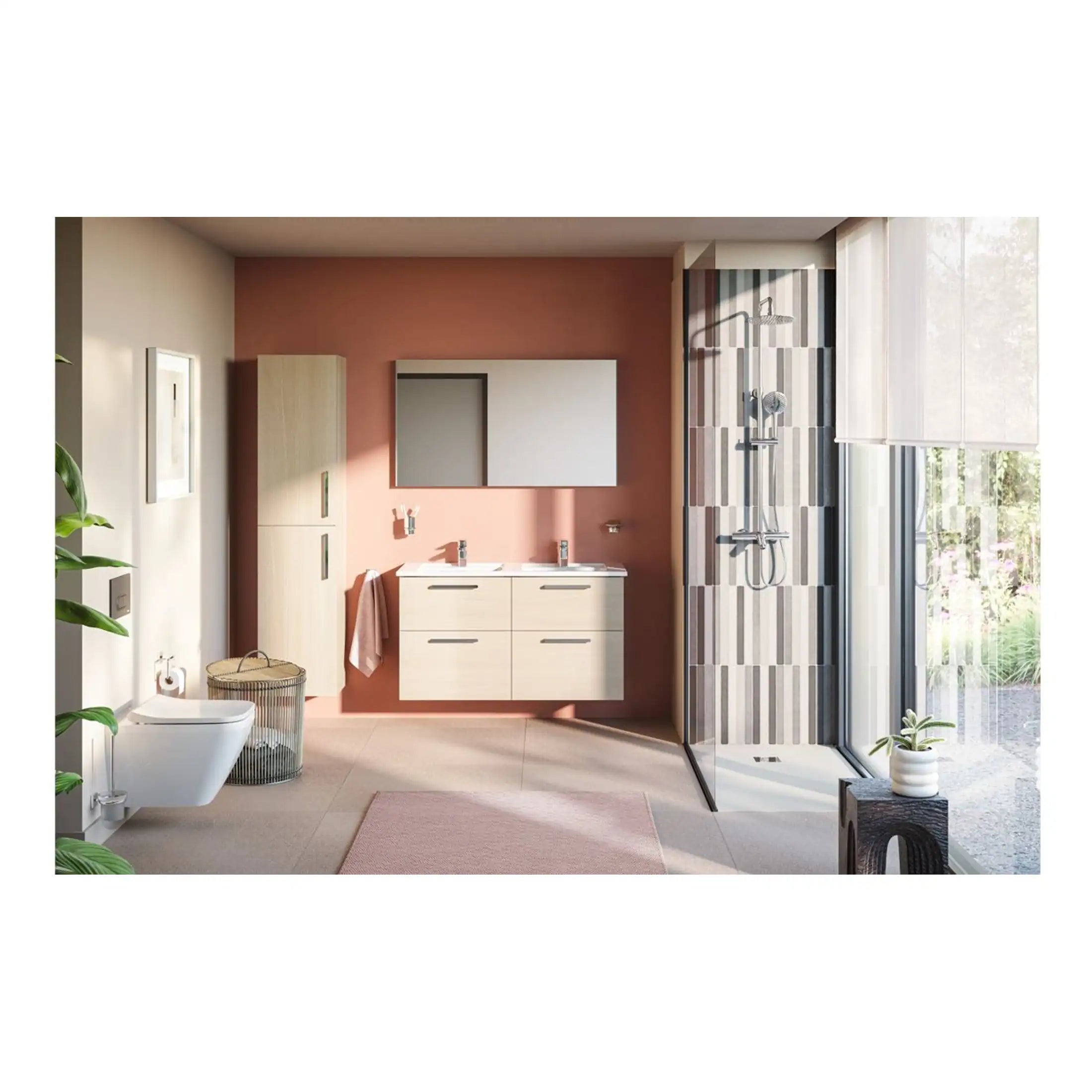 Stylish modern bathroom featuring a double vanity, inviting walk-in shower with striped tile design, and large window with natural light, creating a contemporary and relaxing space.