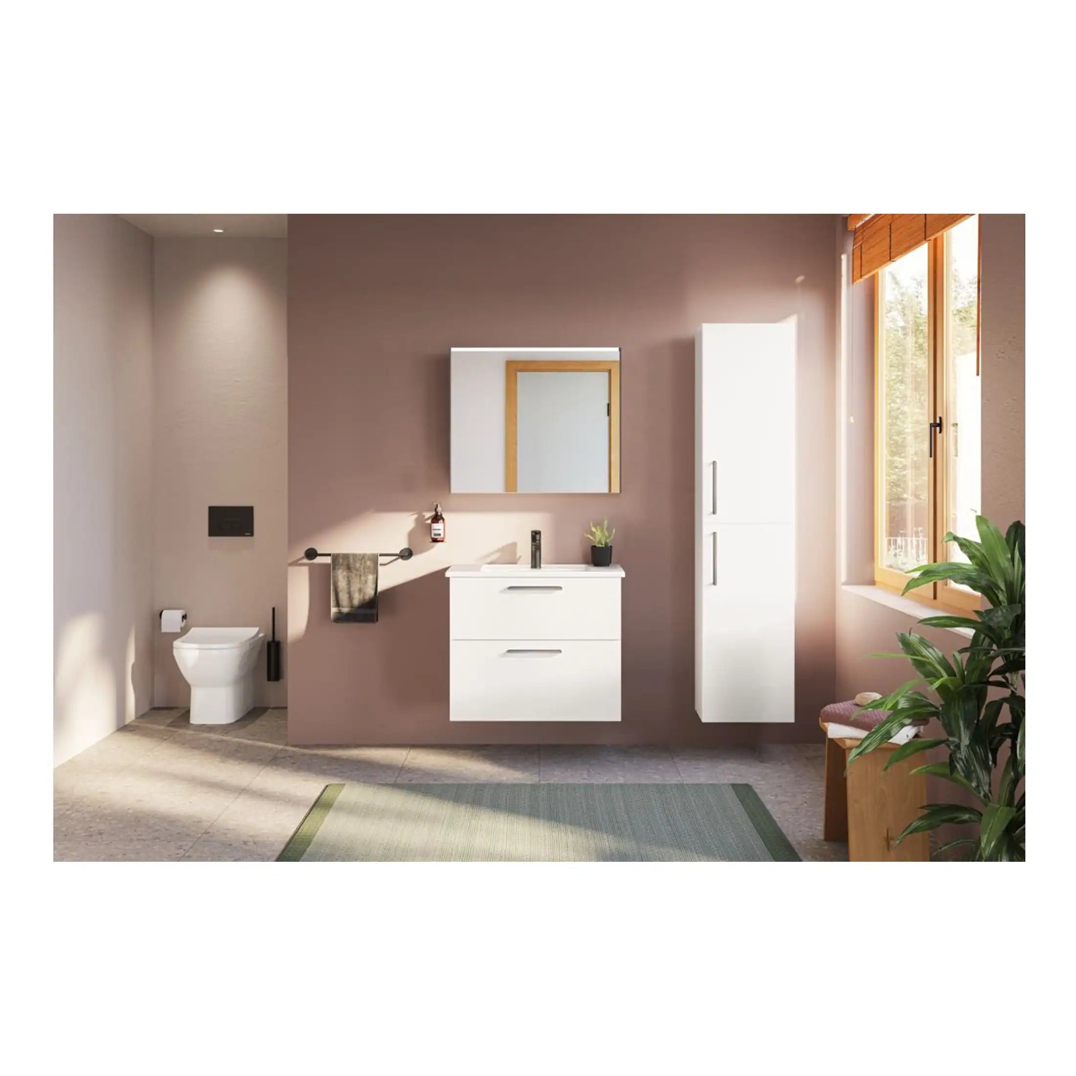 Modern minimalist bathroom featuring a white vanity unit with integrated sink, wall-mounted mirror, tall storage cabinet, and a large window with wooden blinds for natural light.
