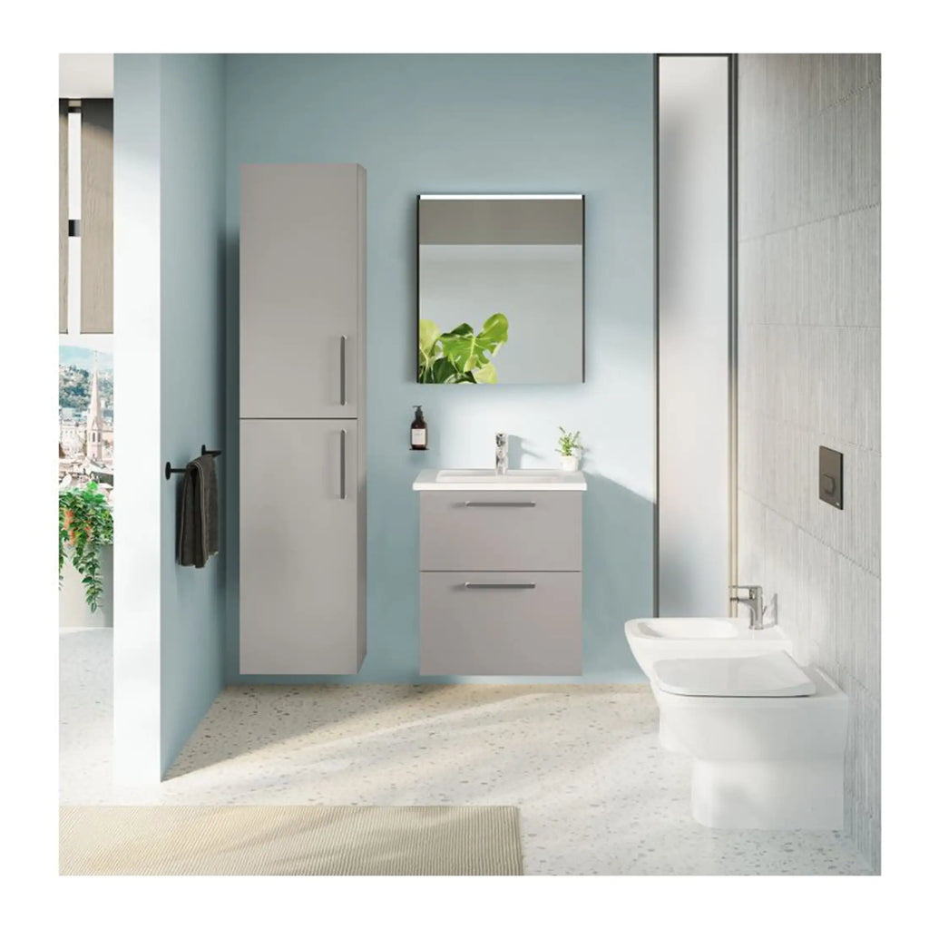 Contemporary bathroom with grey cabinetry, wall-mounted mirror, white fixtures, and a toilet, featuring clean lines and modern design elements for a stylish and functional space.