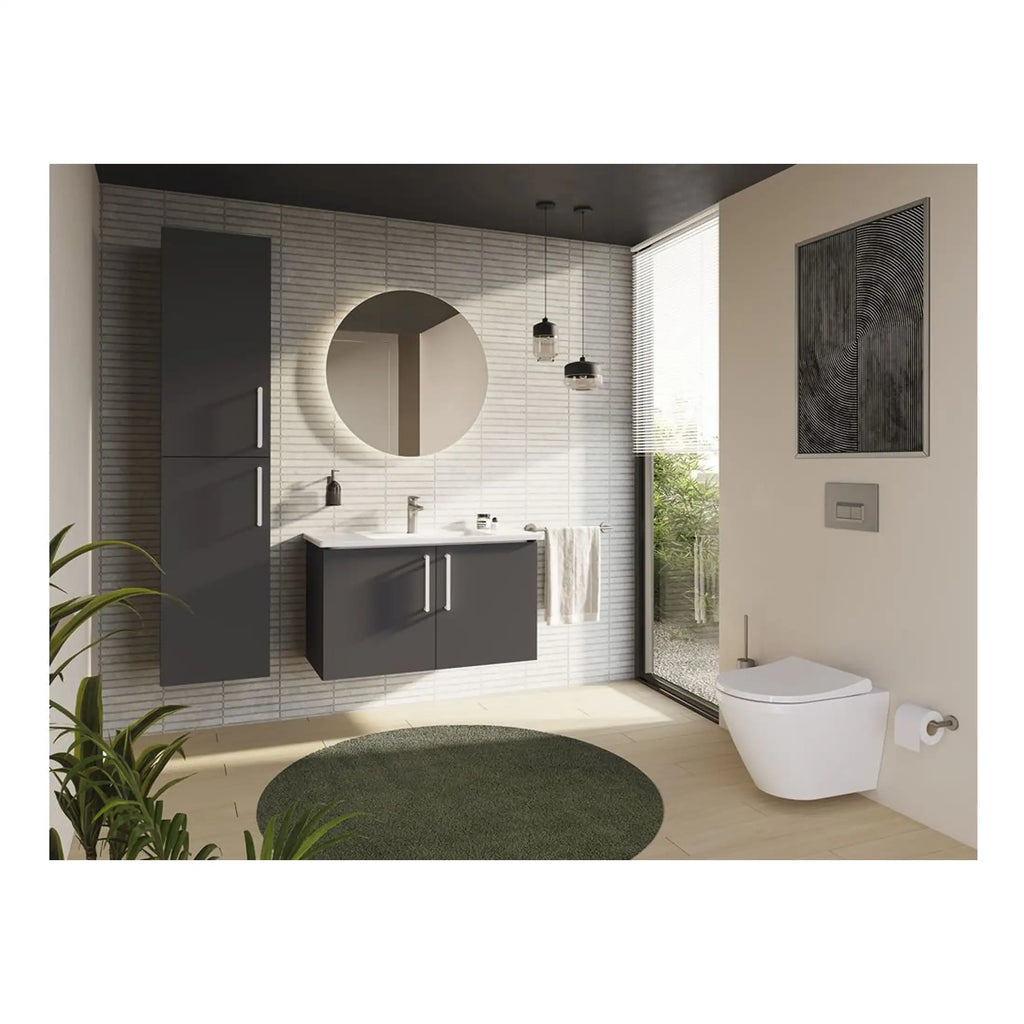 Contemporary grey bathroom vanity with oval mirror, modern wall-mounted toilet, pendant lighting, and stylish decor, creating a sleek and functional bathroom space.