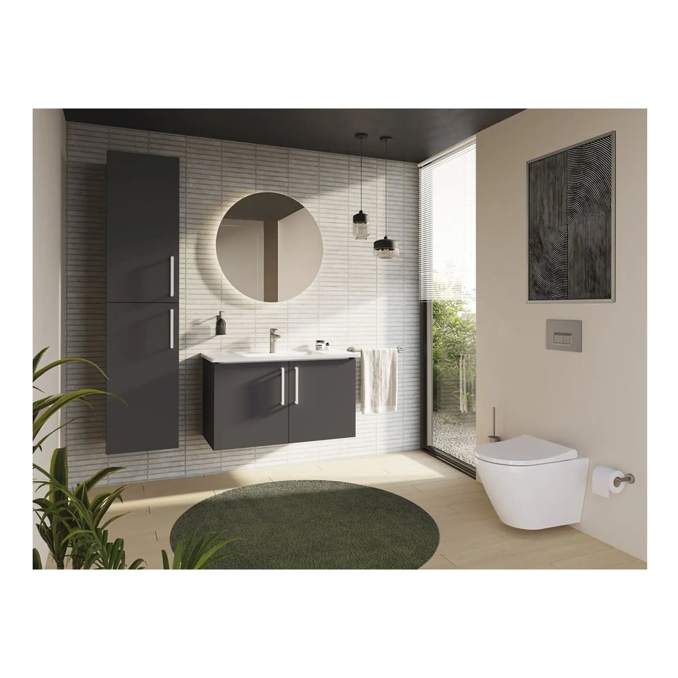 Contemporary grey bathroom vanity with oval mirror, modern wall-mounted toilet, pendant lighting, and stylish decor, creating a sleek and functional bathroom space.