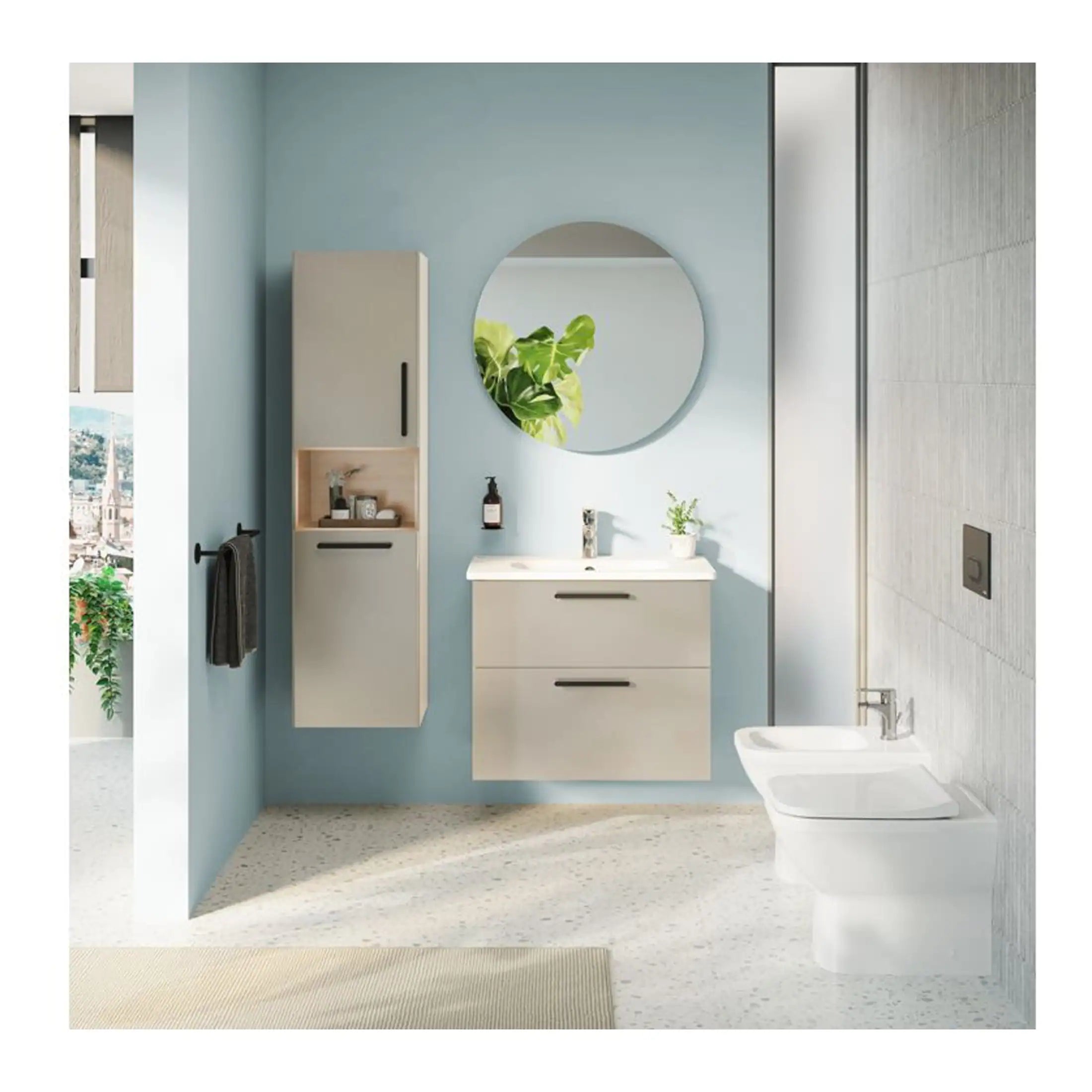 Modern beige bathroom vanity with integrated sink, round mirror, and storage cabinets in a contemporary blue-walled bathroom with natural light and plant decor.
