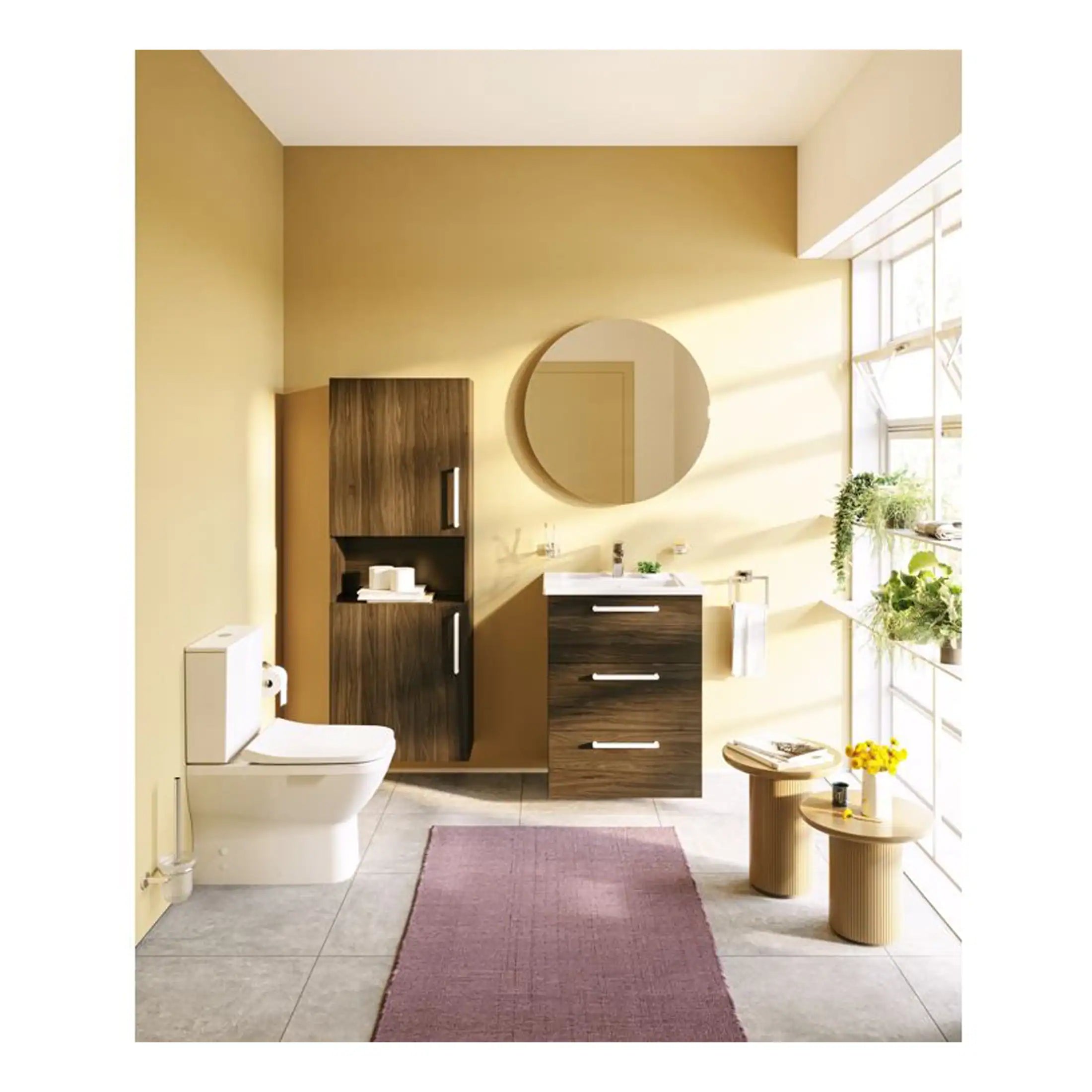 Contemporary bathroom interior with modern wooden ванна unit, round mirror, toilet, and natural light, featuring minimalistic decor and fresh greenery for a stylish and inviting space.
