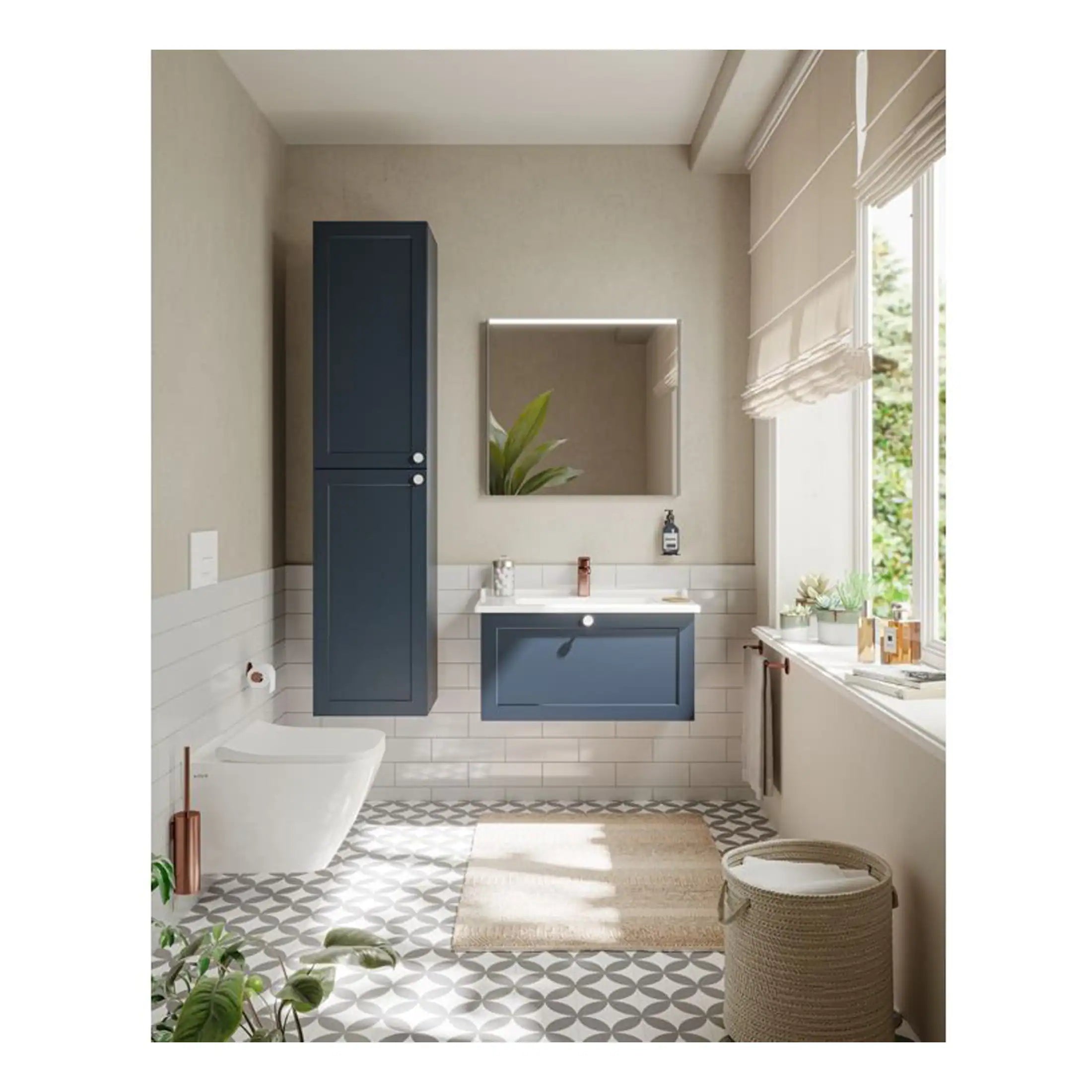 Modern bathroom with navy blue cabinetry, wall-mounted vanity, and patterned floor tiles, featuring natural light from large windows and contemporary decor for a stylish and functional space.