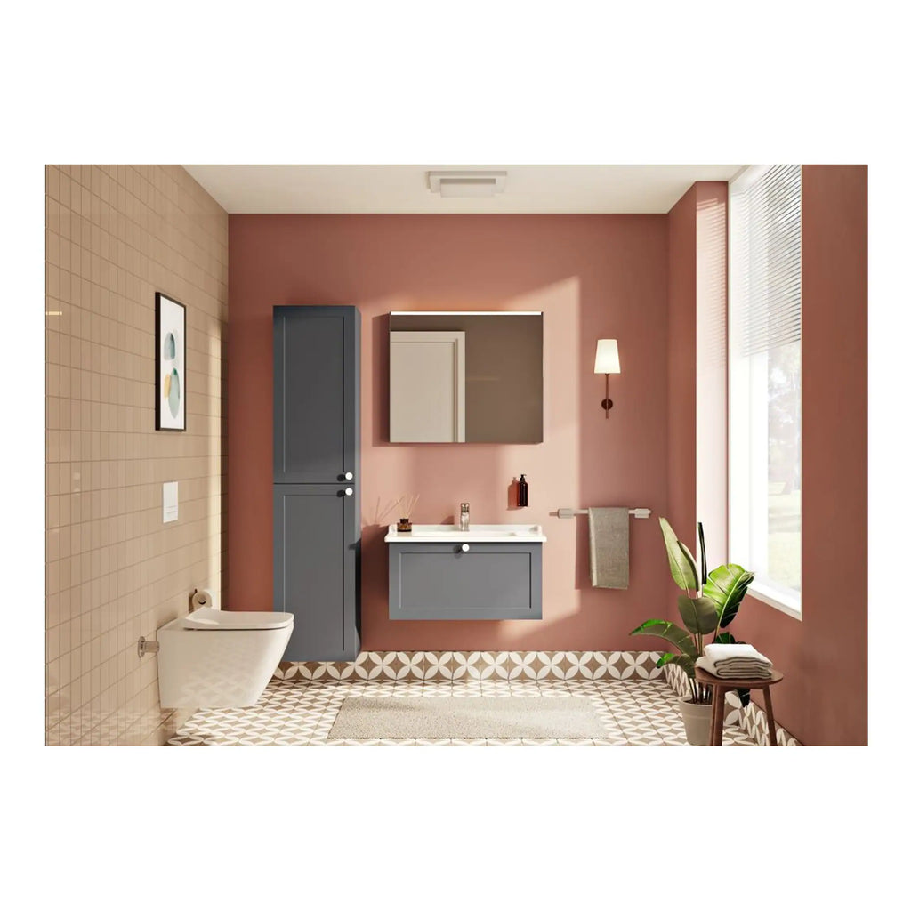 Modern bathroom with pink and beige walls, grey vanity units, wall mirror, decorative tiles, and natural light from large windows with blinds, creating a stylish and functional space.