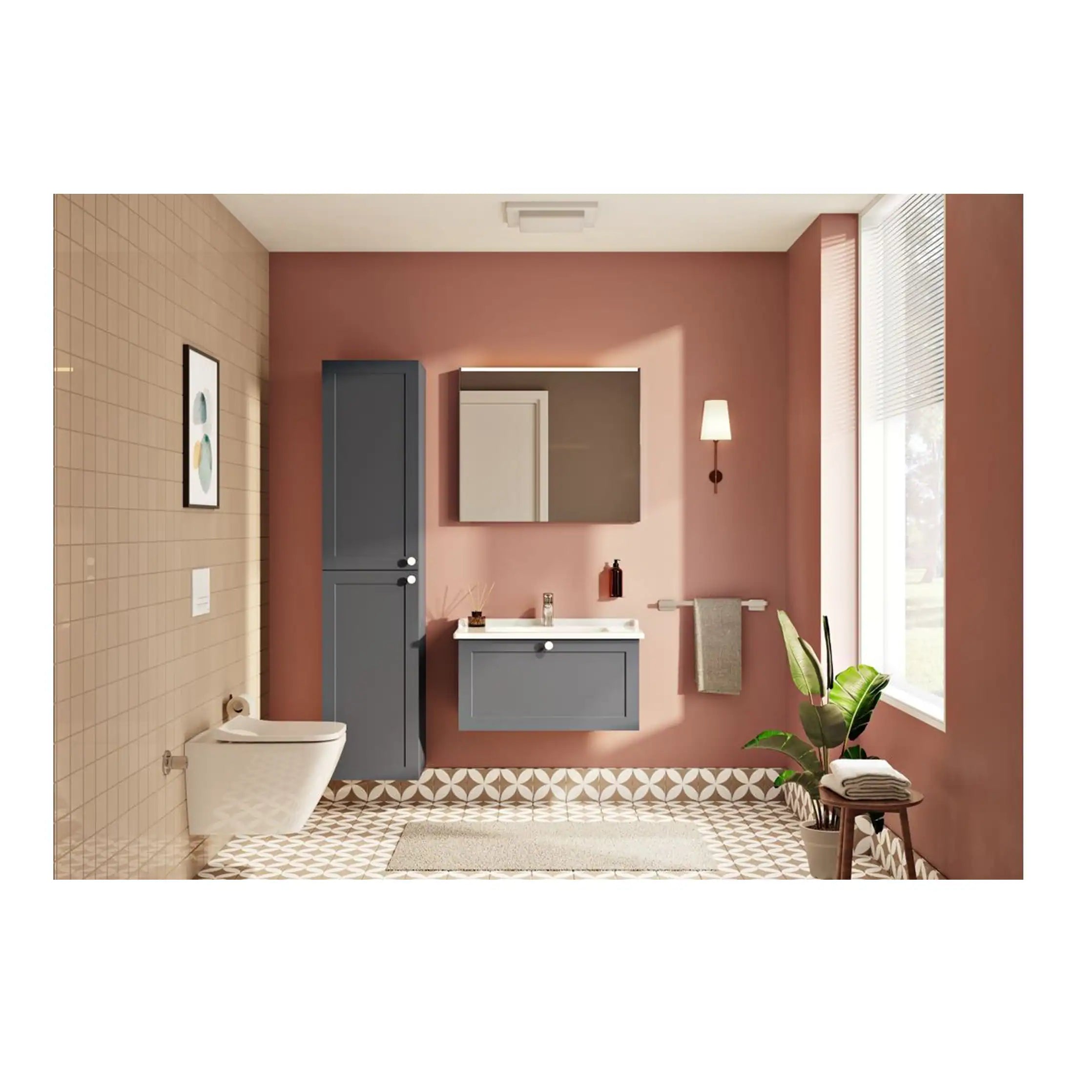 Modern bathroom with pink and beige walls, grey vanity units, wall mirror, decorative tiles, and natural light from large windows with blinds, creating a stylish and functional space.