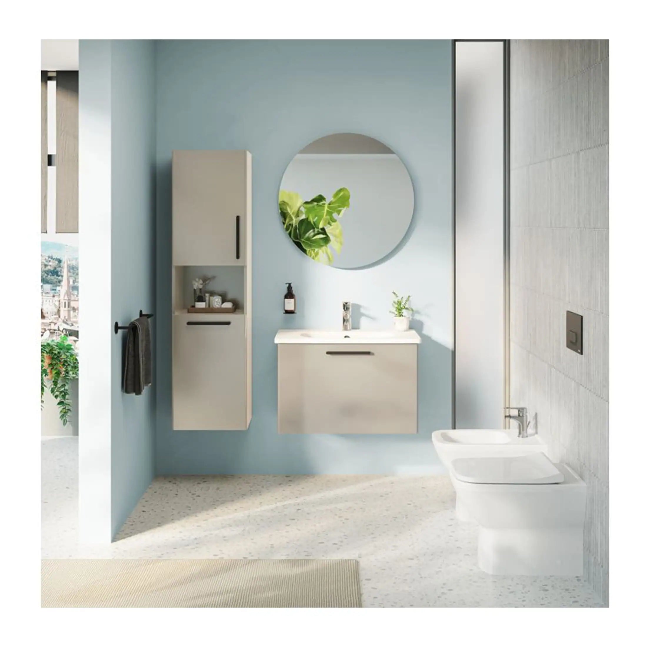 Modern bathroom with light blue walls, wall-mounted vanity with sink, round mirror, beige storage cabinet, and contemporary toilet, creating a sleek and stylish bathroom space.
