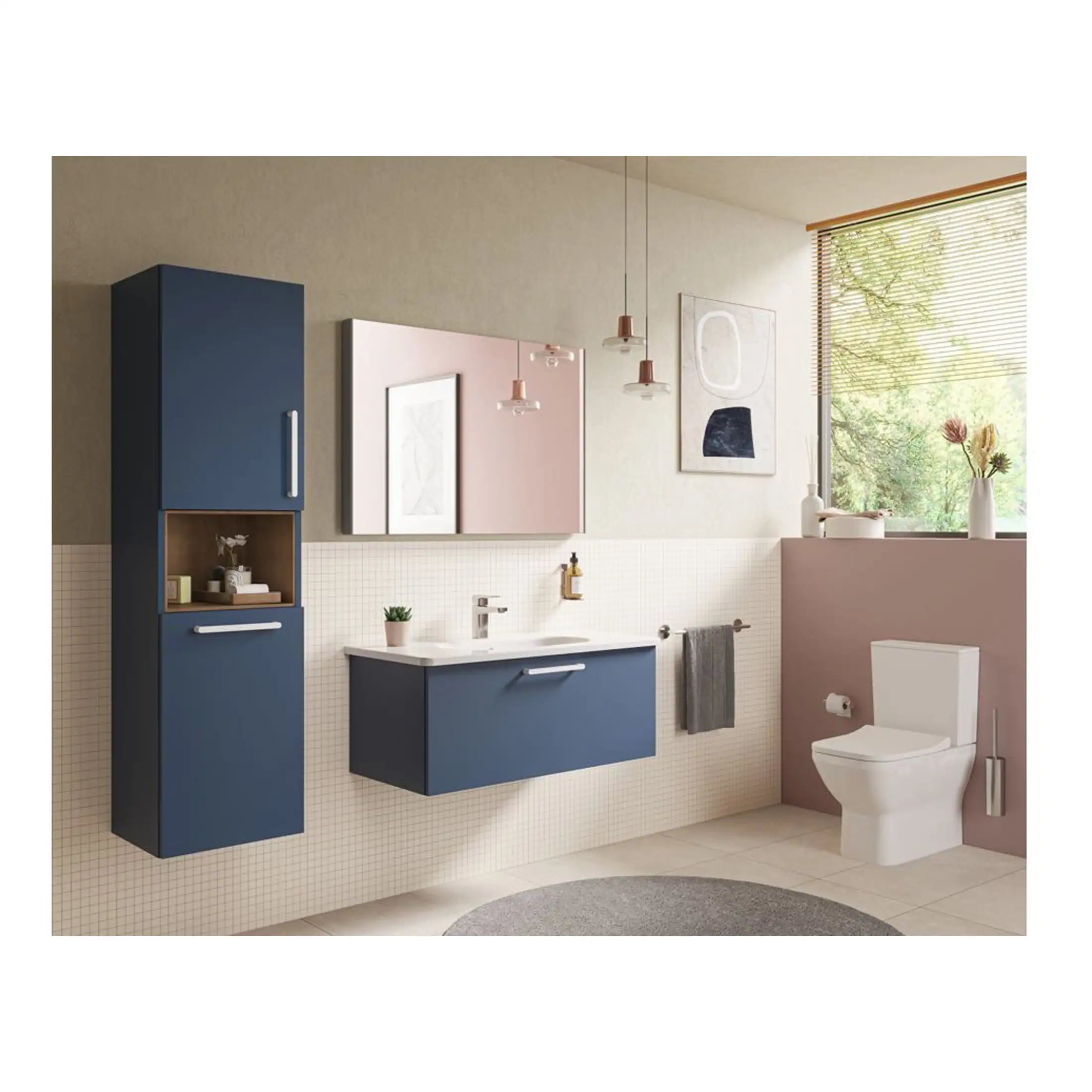 Minimalist blue bathroom vanity and cabinets with white sink and wall-mounted mirror in a modern bathroom with decor and natural light from window.