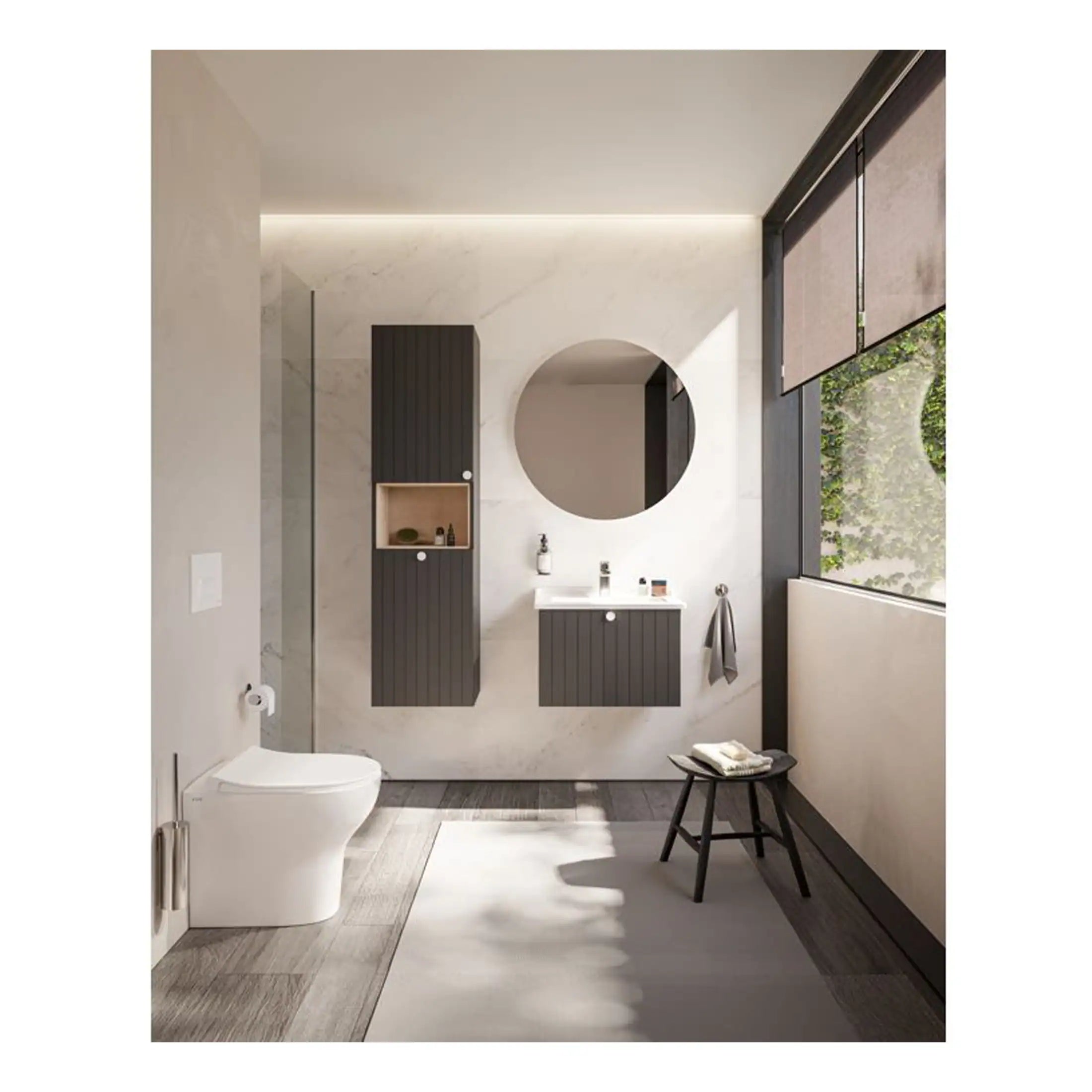 Sleek modern bathroom with black and white furnishings, circular mirror, natural light from large window, minimalist toilet, wall-mounted vanity, and stylish decor, creating a contemporary and elegant space.