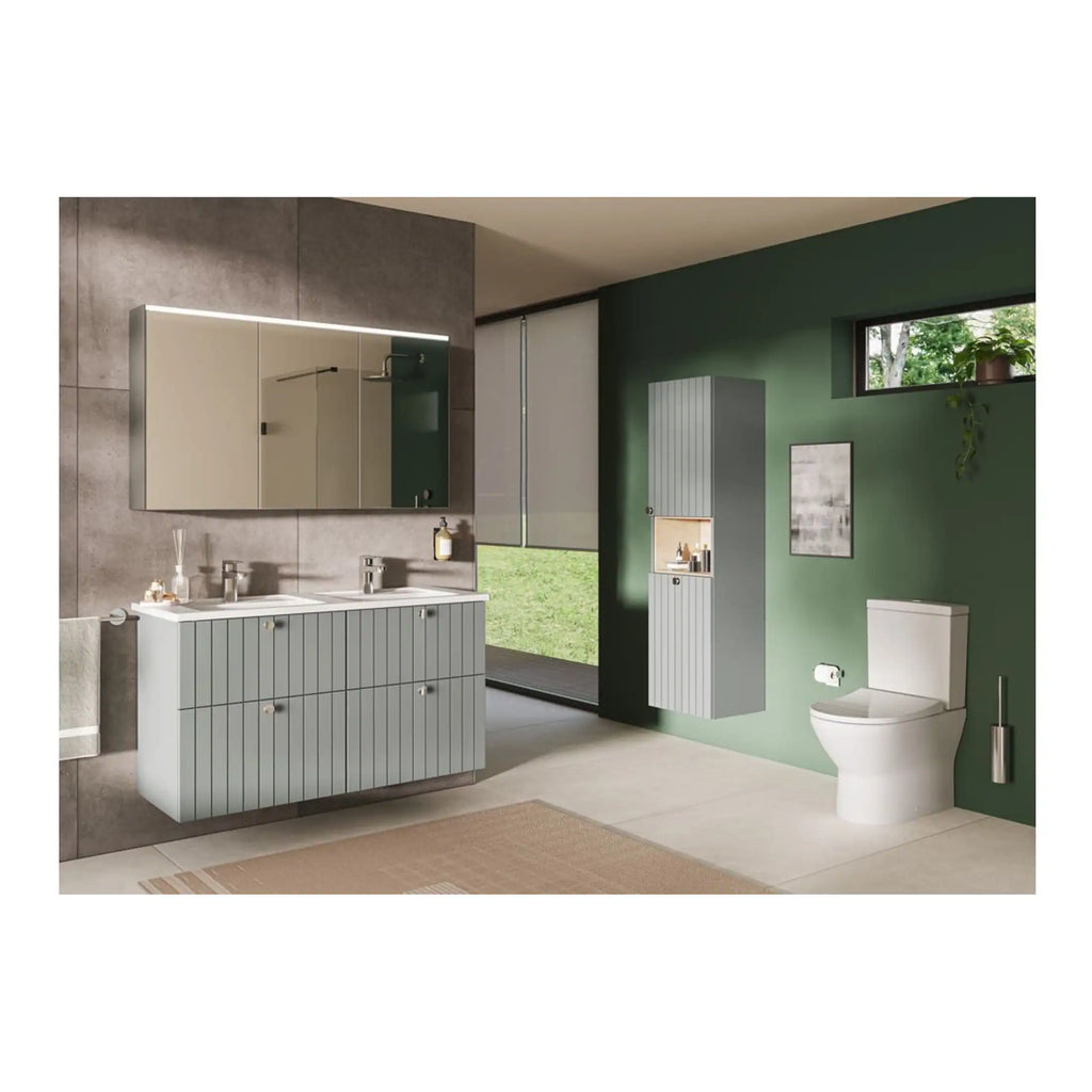 Modern grey bathroom vanity unit with double sinks, wall-mounted mirror cabinet, vertical storage cupboard, and contemporary toilet in a stylish green and grey bathroom setting with natural light.