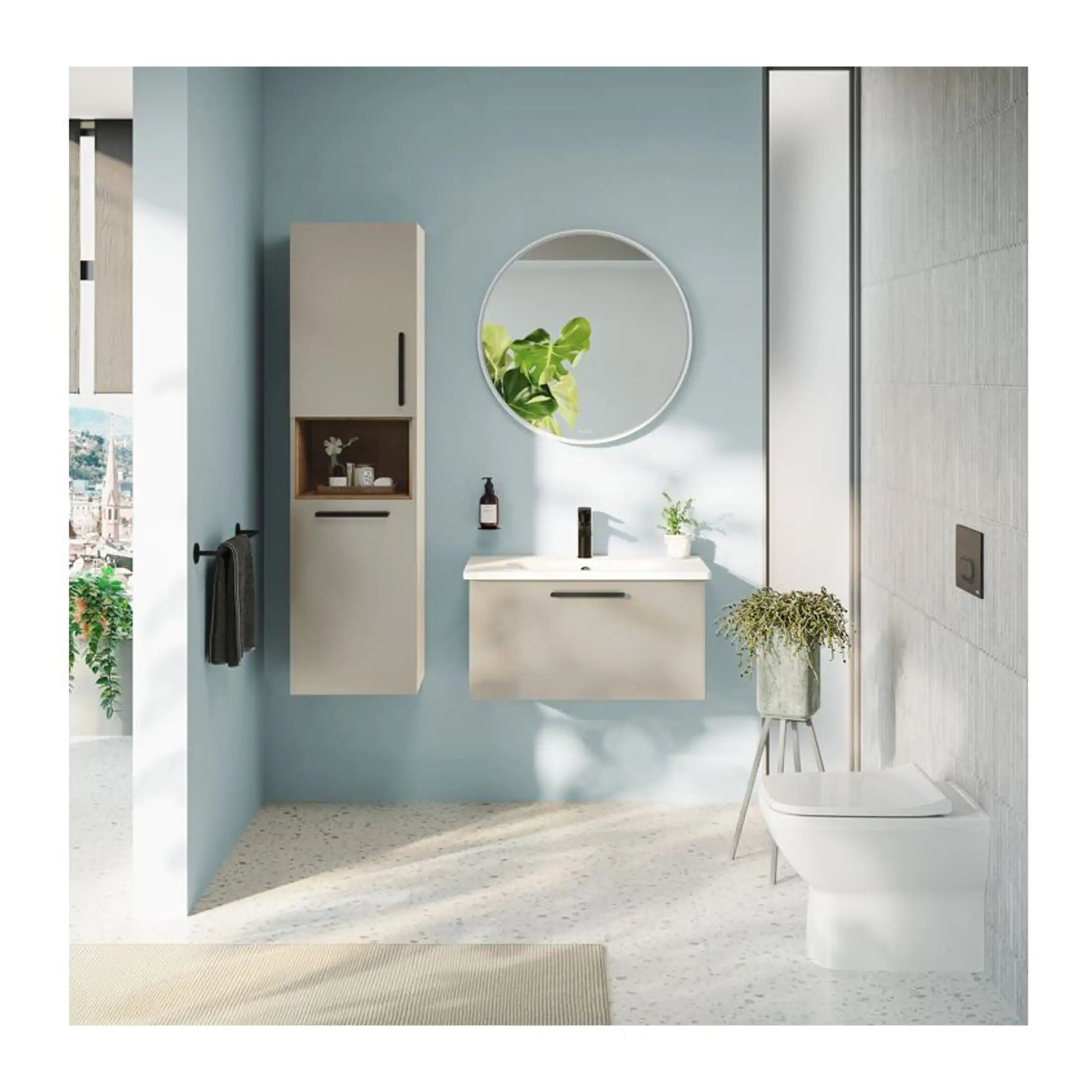 Sleek modern bathroom with light blue walls, wall-mounted sink, round mirror, wall cabinet, indoor plants, and a contemporary toilet, showcasing elegant and functional design elements.