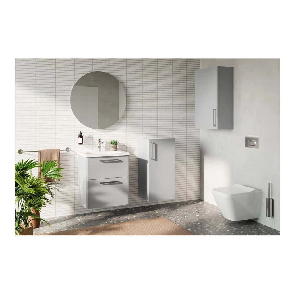 Sleek modern bathroom with wall-mounted vanity unit, mirror, and concealed cistern toilet, featuring minimalist design, grey cabinetry, and decorative plants for a stylish contemporary look.